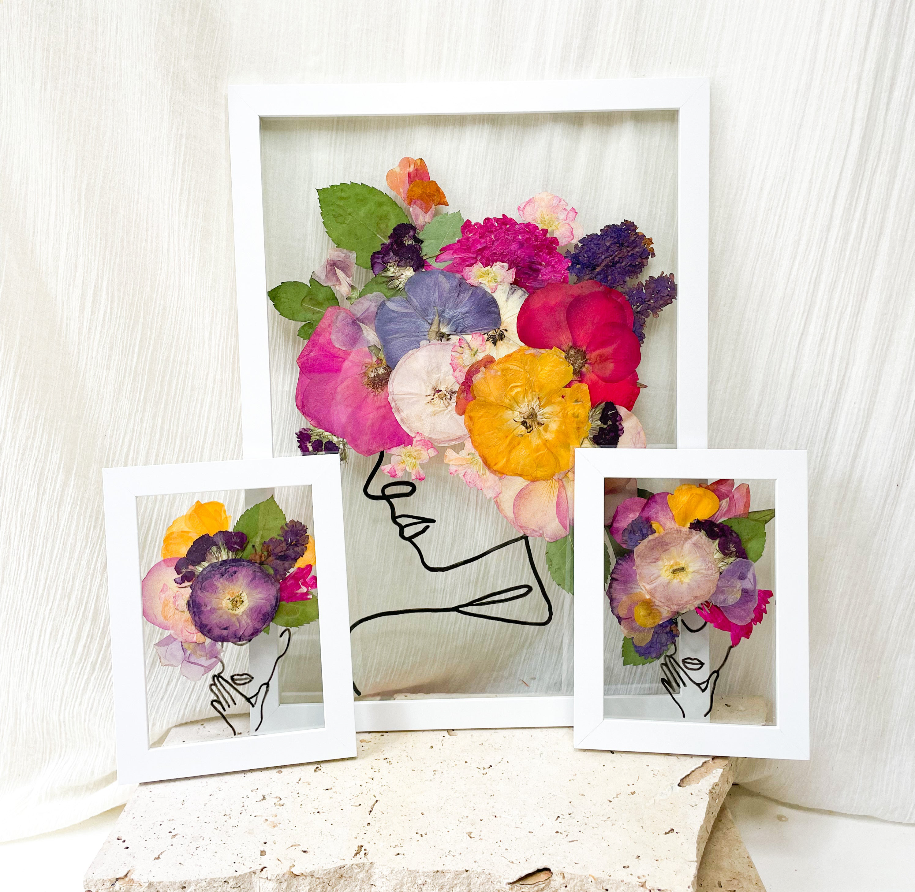 Preserved pressed wedding bouquet - custom fine line drawing with wedding flowers set in a floating frame mount set