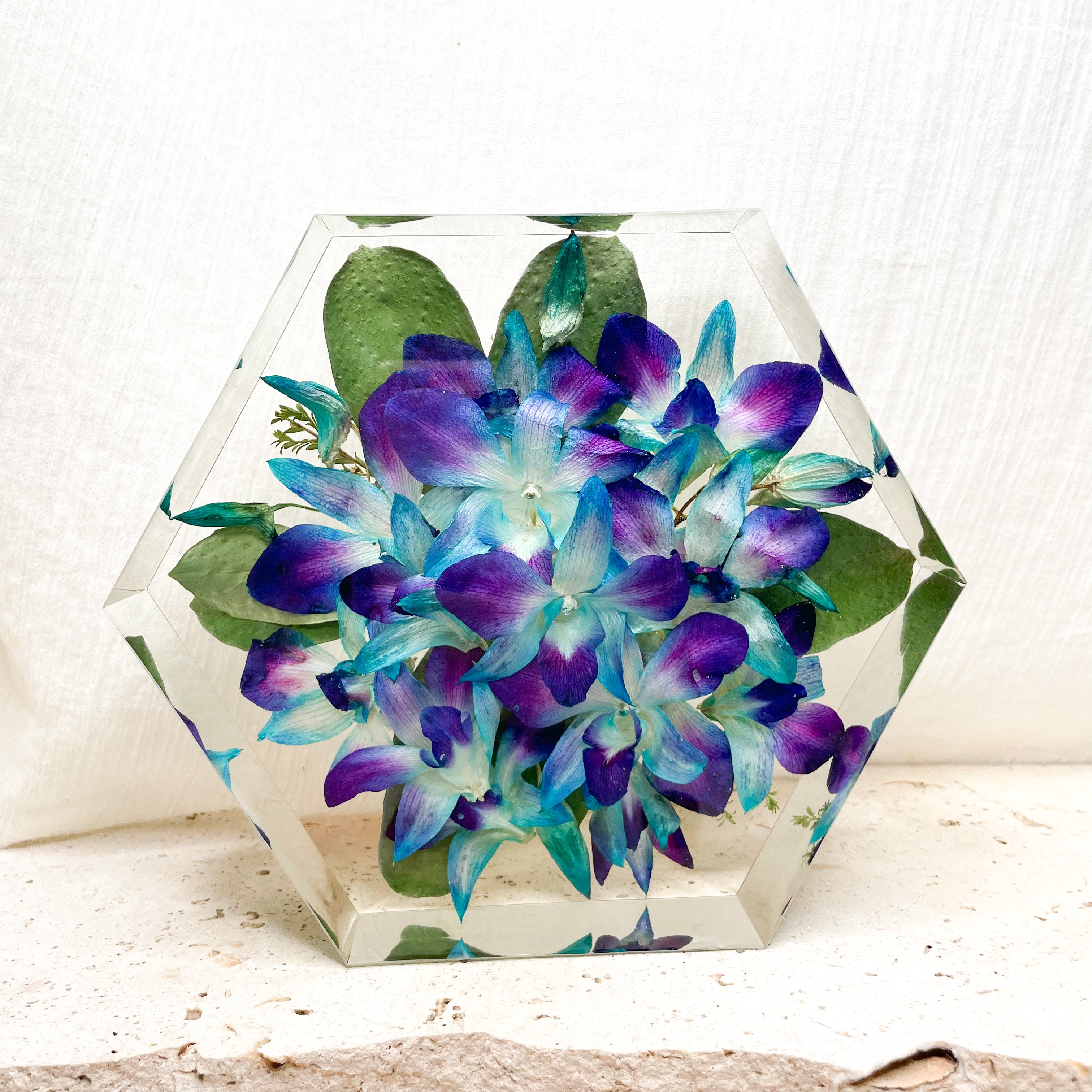preserved-flowers-medium-resin-hexagon block - wedding bouquet Singapore orchids