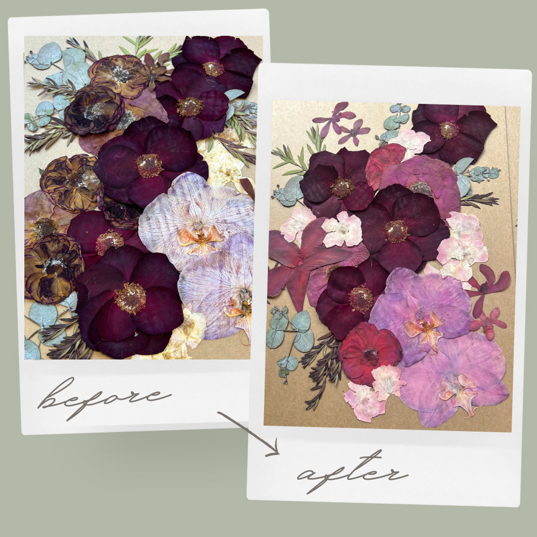 Flower Colour correcting - before and after - preserved wedding flowers - pressed flower frame transformation