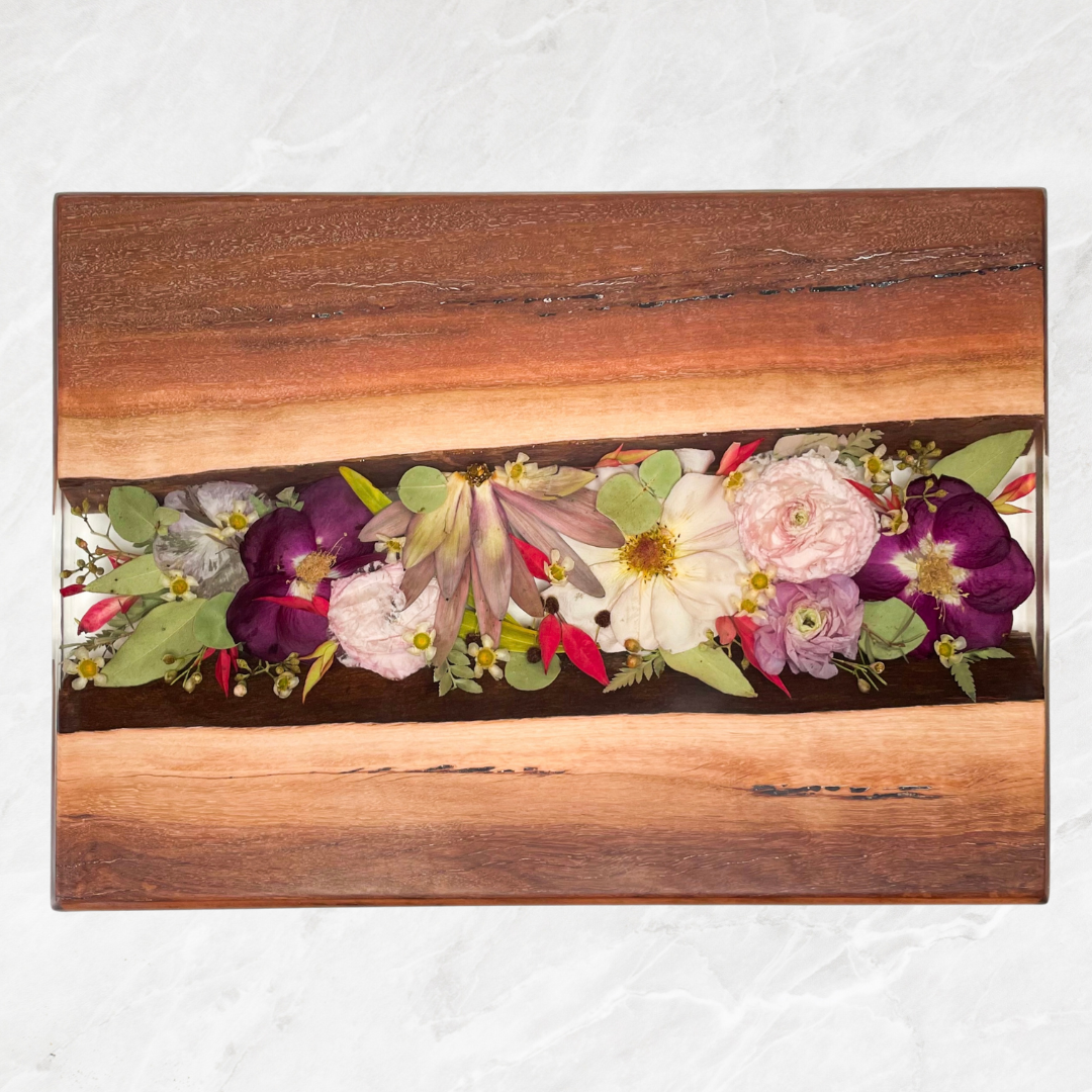 Preserved wedding bouquet - resin charcuterie board - wood resin flower serving tray - pressed flowers native bouquet - natural wood edge dark wood