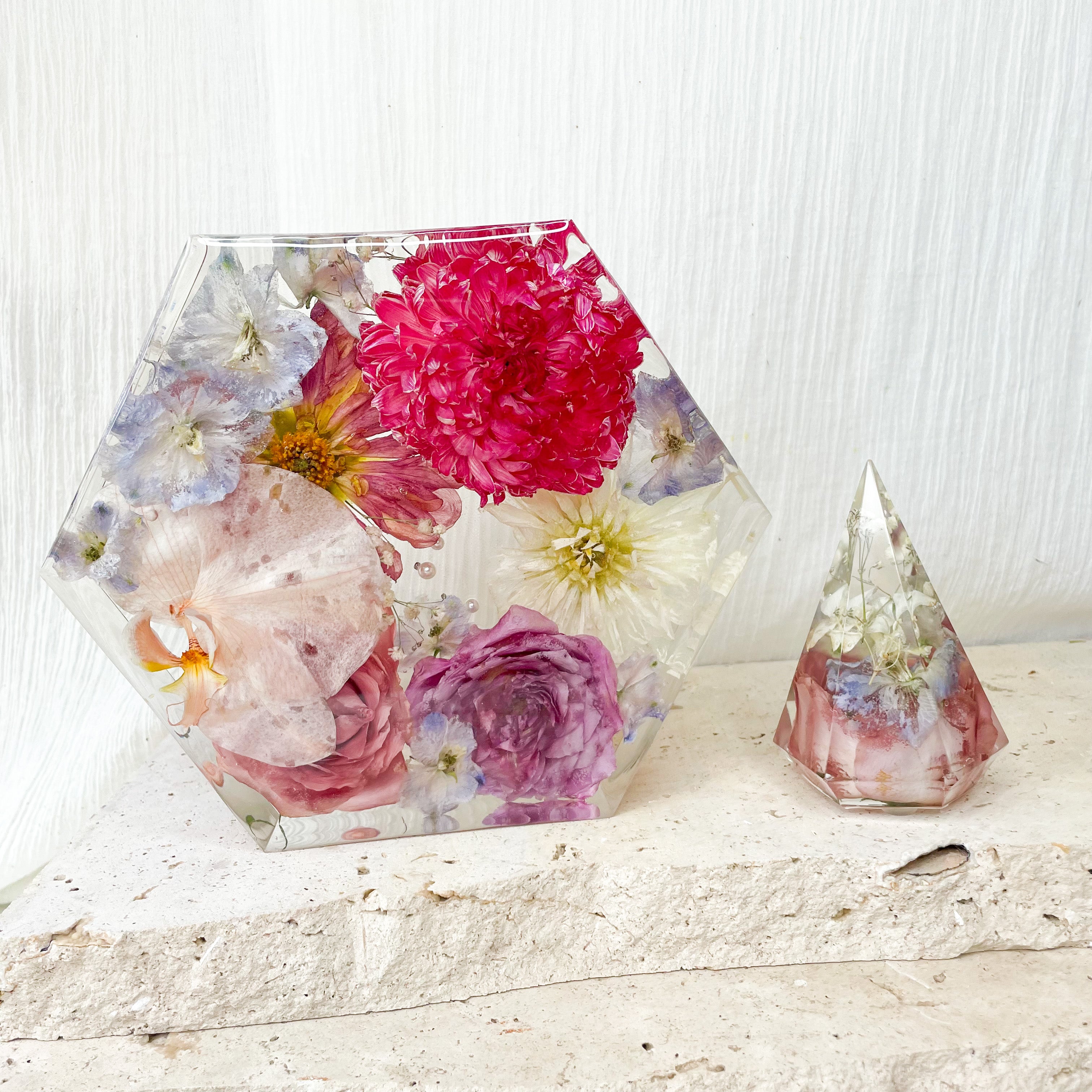 preserved-flowers-medium-resin-hexagon block - wedding bouquet with pearl veil set - ring holder