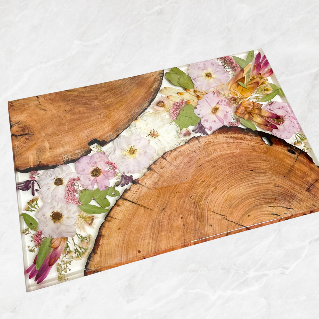 Preserved wedding bouquet - resin charcuterie board - wood resin flower serving tray - pressed flowers red gum wood rounds