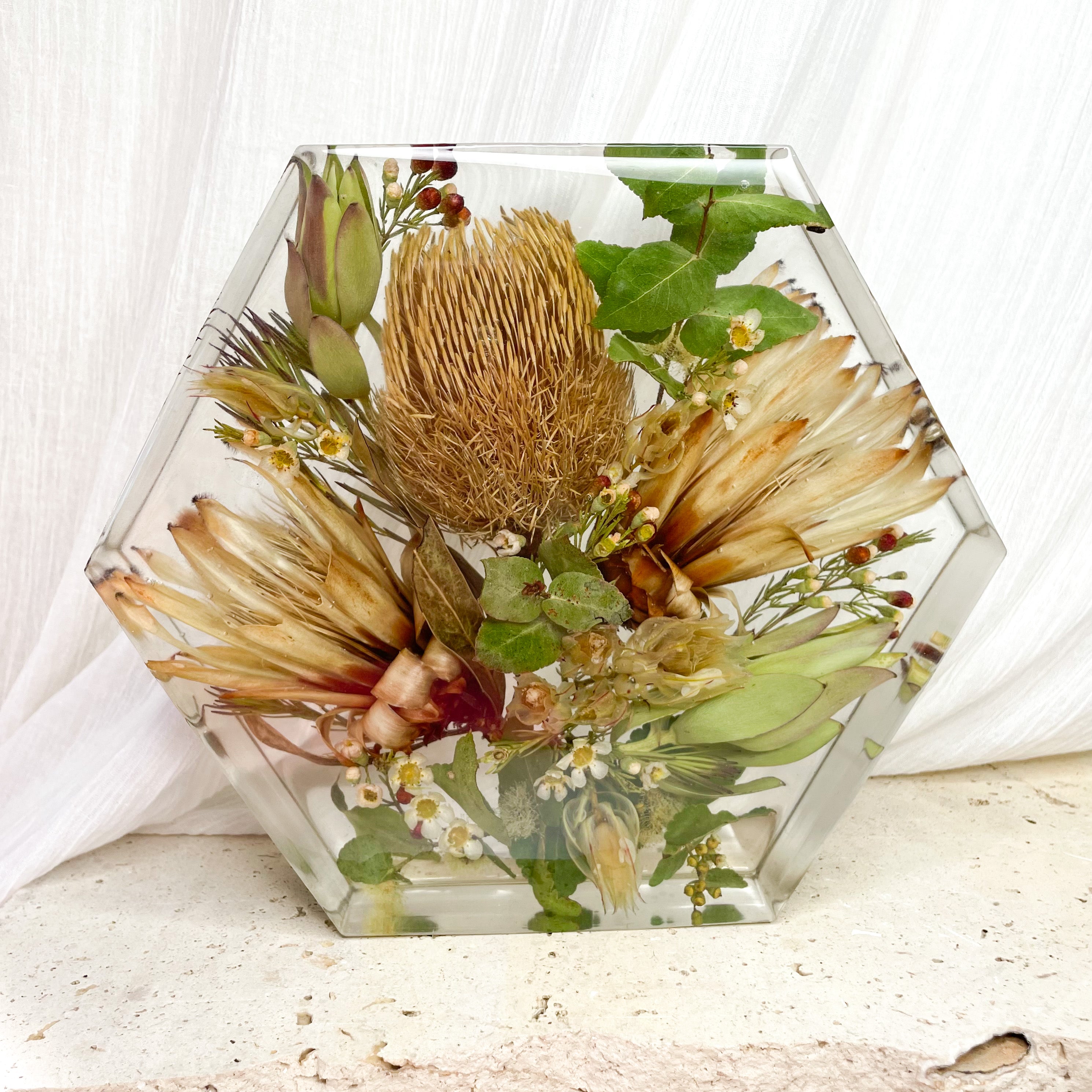 preserved-flowers-x-large-resin-hexagon block - native wedding bouquet