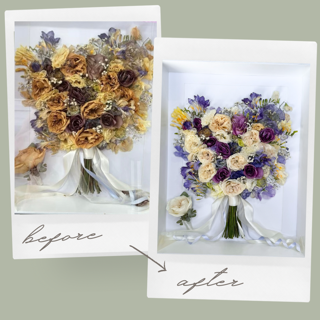 Flower Colour correcting - before and after - preserved wedding flowers - 3d shadow box transformation