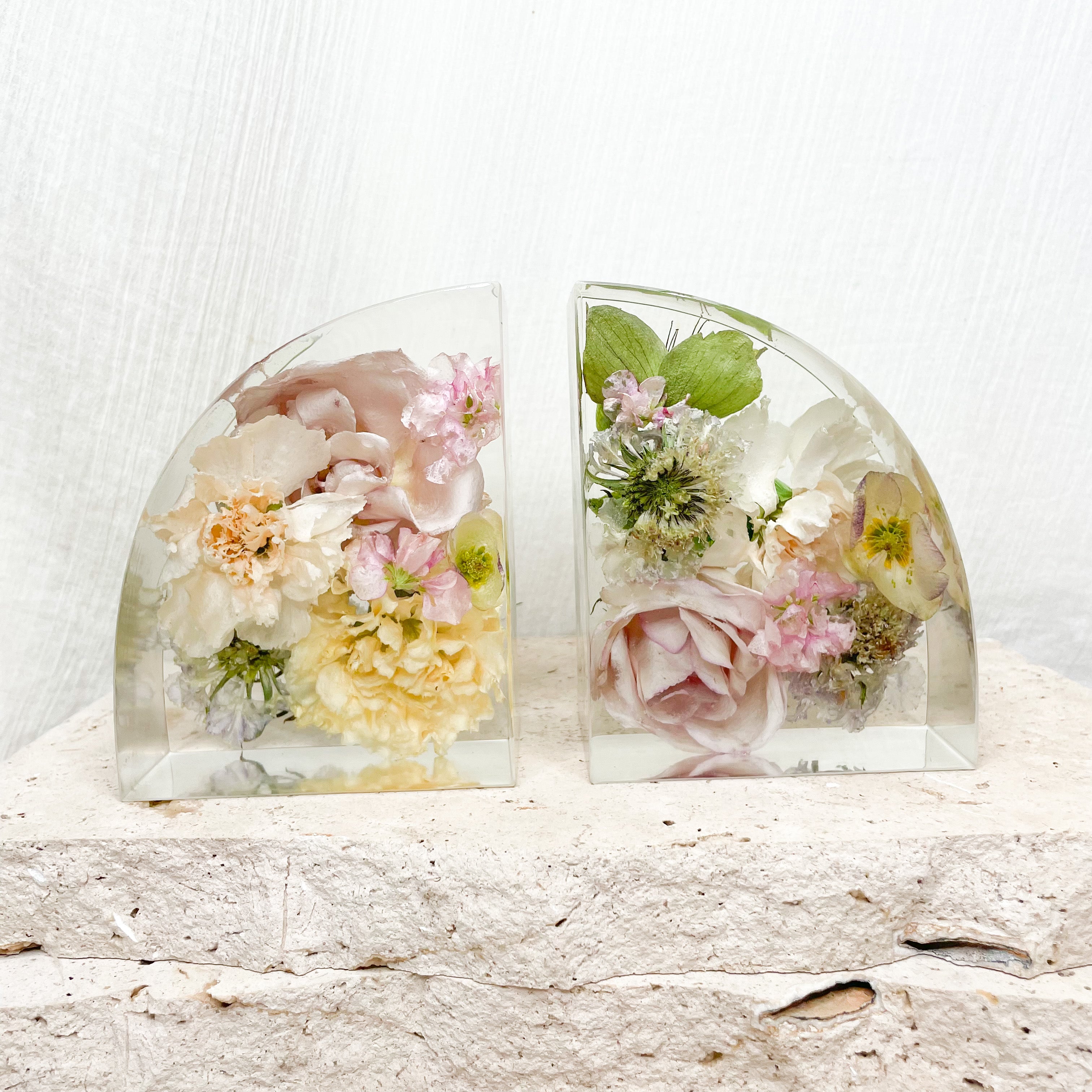 Preserved wedding bouquet resin-bookend-set - pastel flowers