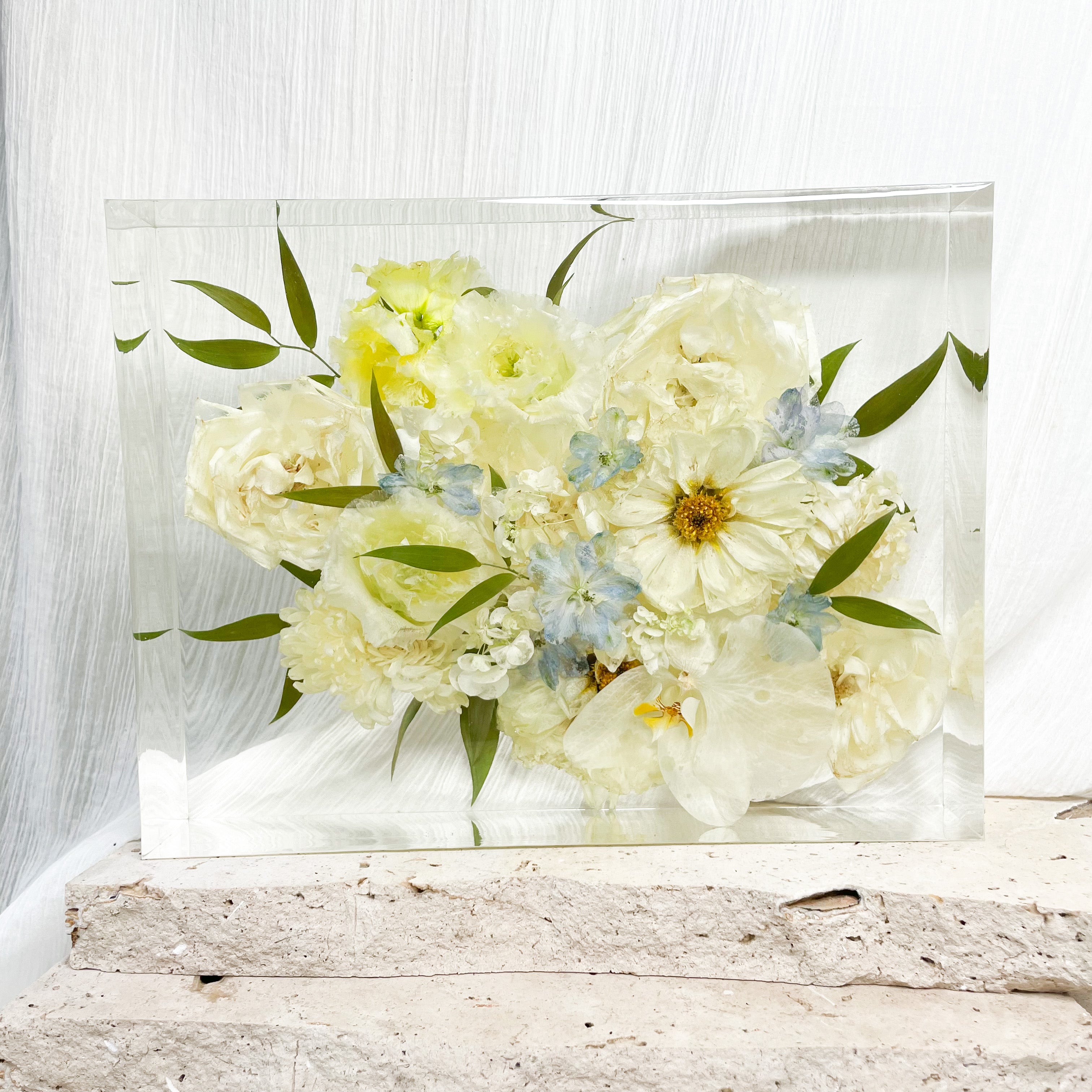 Preserved wedding bouquet rectangle resin block flower cast white green bouquet