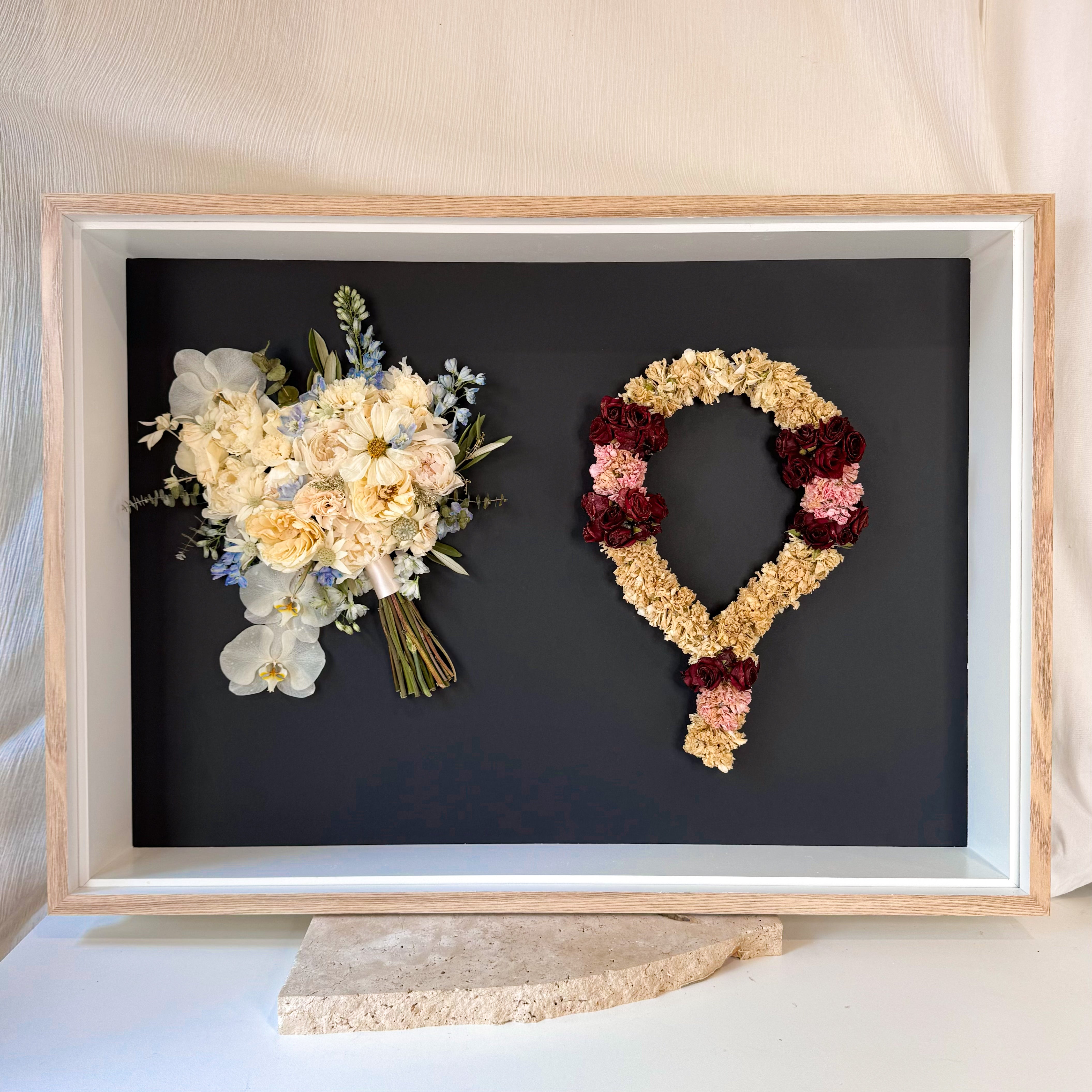 custom-flower-framing-3d-shadow-box
Preserved ceremony floral garland Indian tradition wedding bouquet set in a1 oak 3d frame
