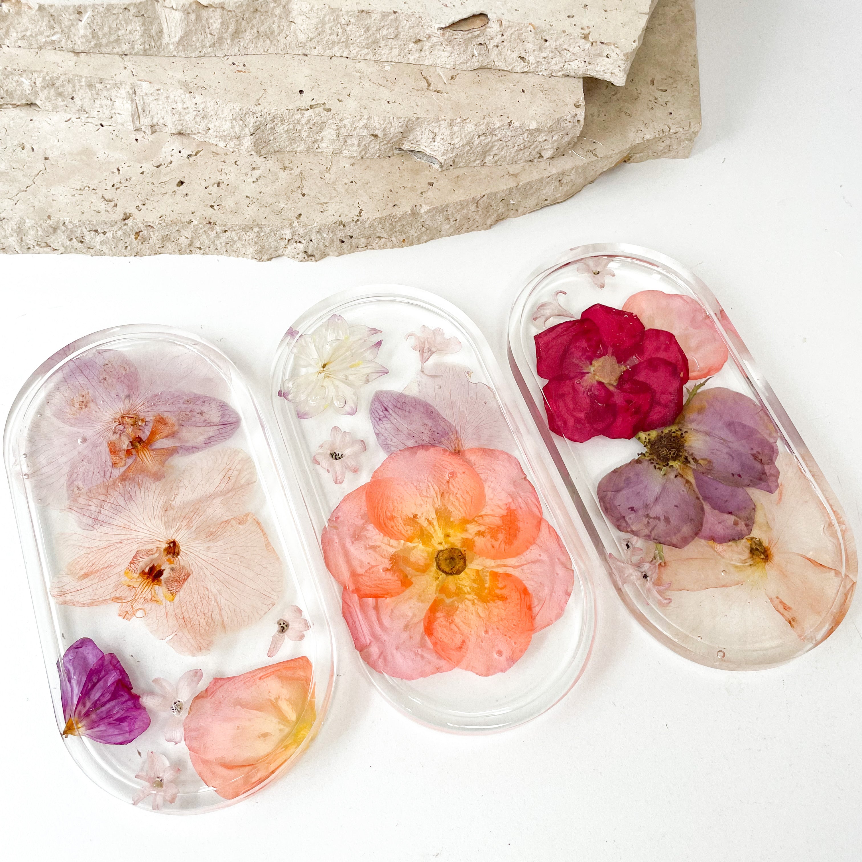 Preserved wedding bouquet flowers resin jewellery tray pressed flowers red purple peach rose