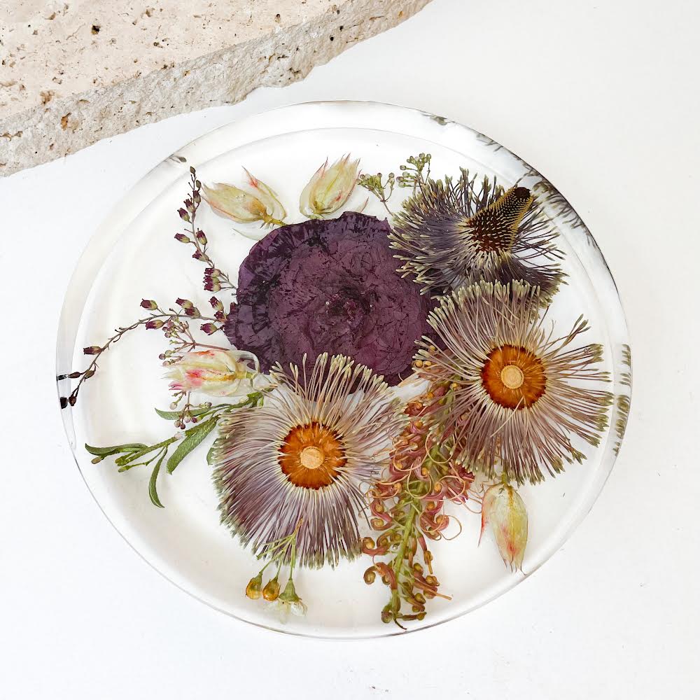 Preserved wedding flower bouquet - resin round circle tray - display stand - native bouquet pressed flowers