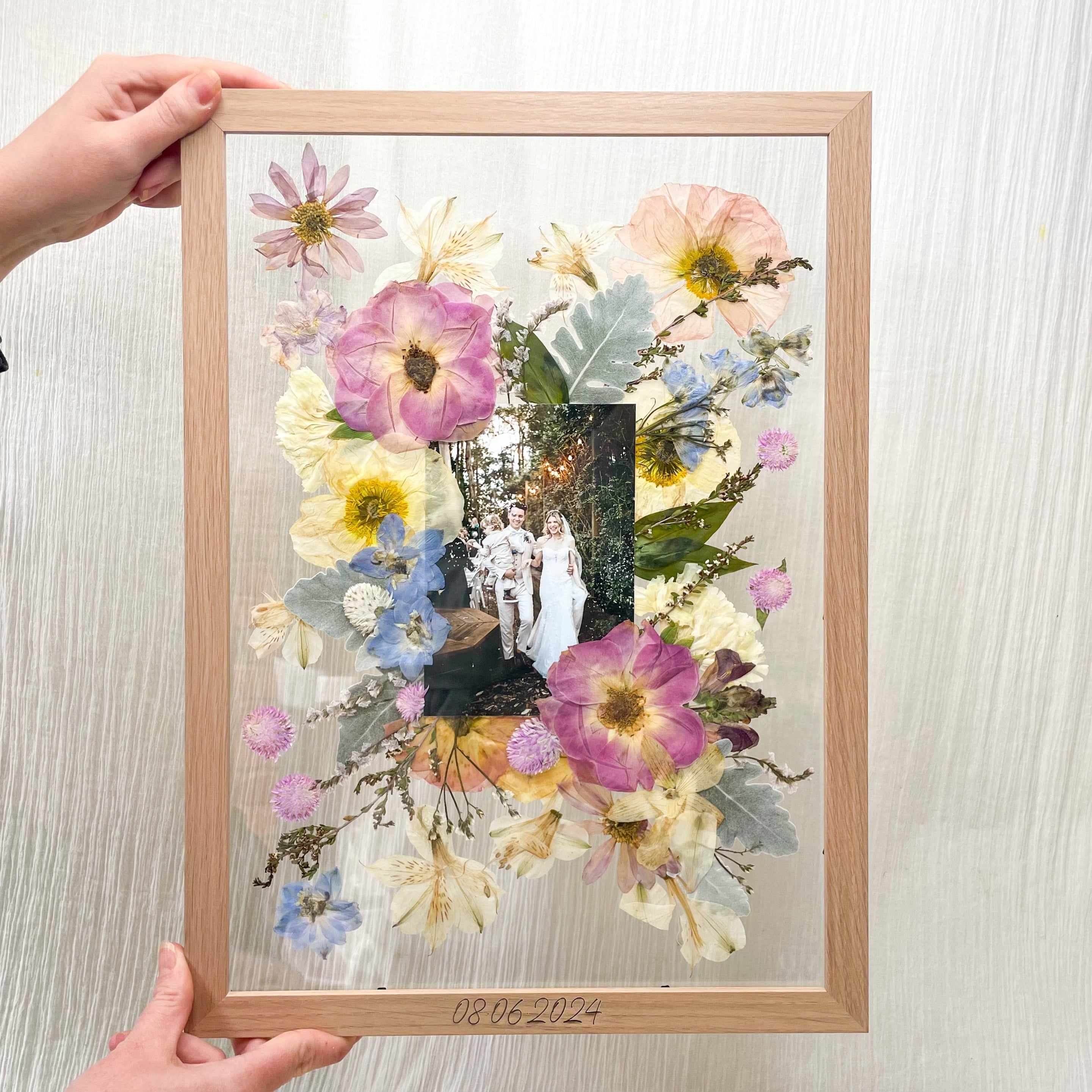 Preserved pressed wedding bouquet - wedding photo and wedding flowers set inside a floating frame mount