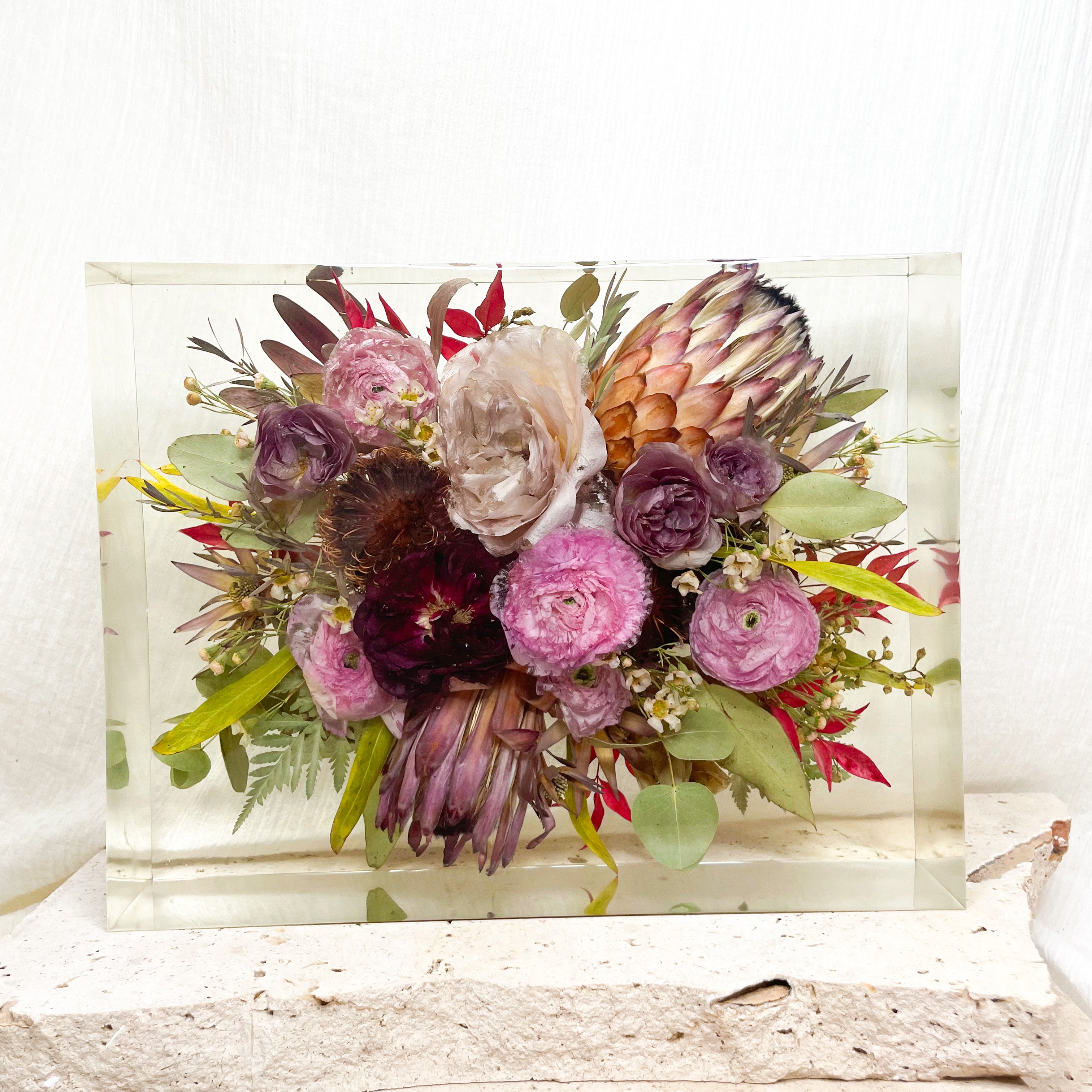 Preserved wedding bouquet rectangle resin block flower cast - native bouquet mix - proteas pink flowers