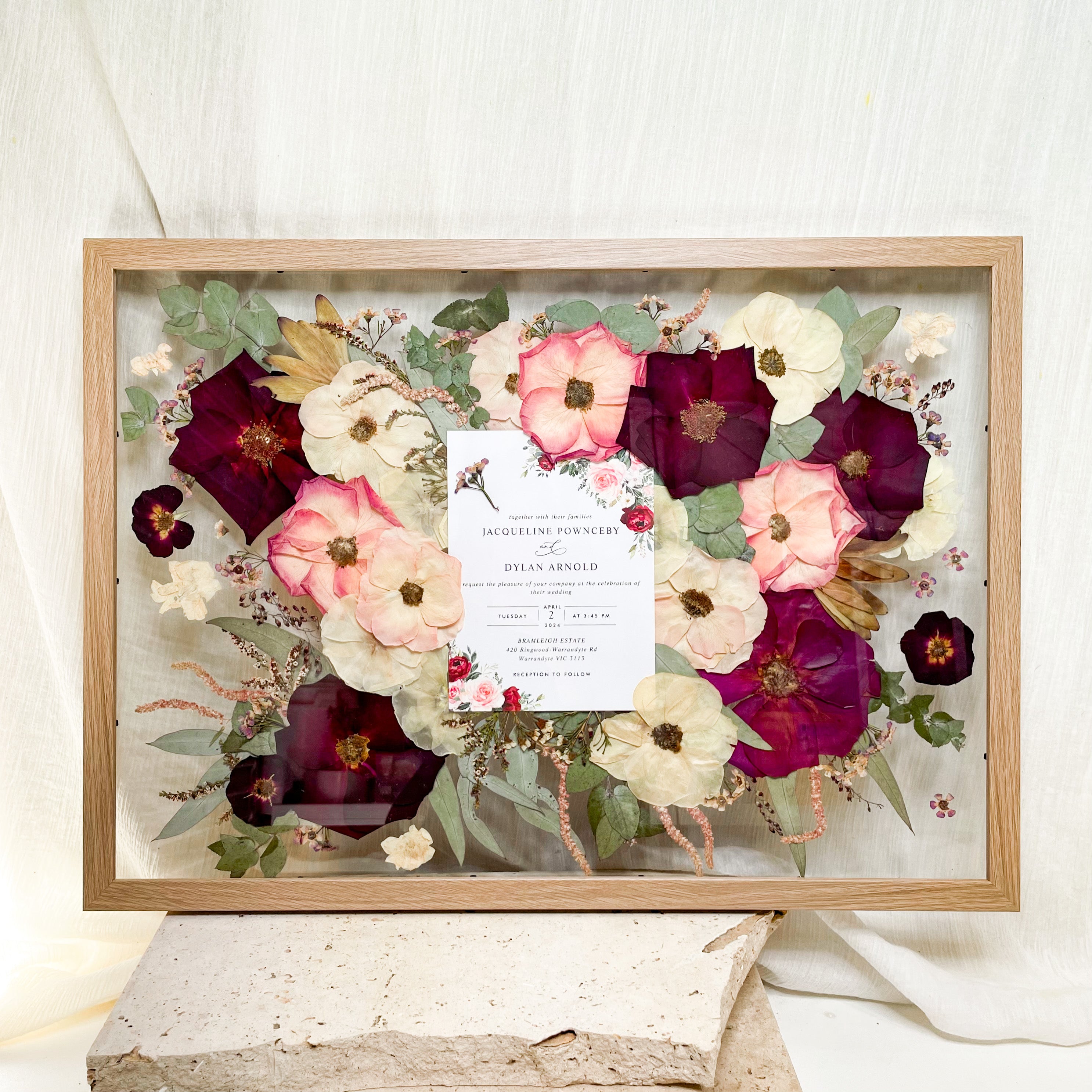 Preserved pressed wedding bouquet - red roses - native flowers - wedding invitation set in floating frame mount