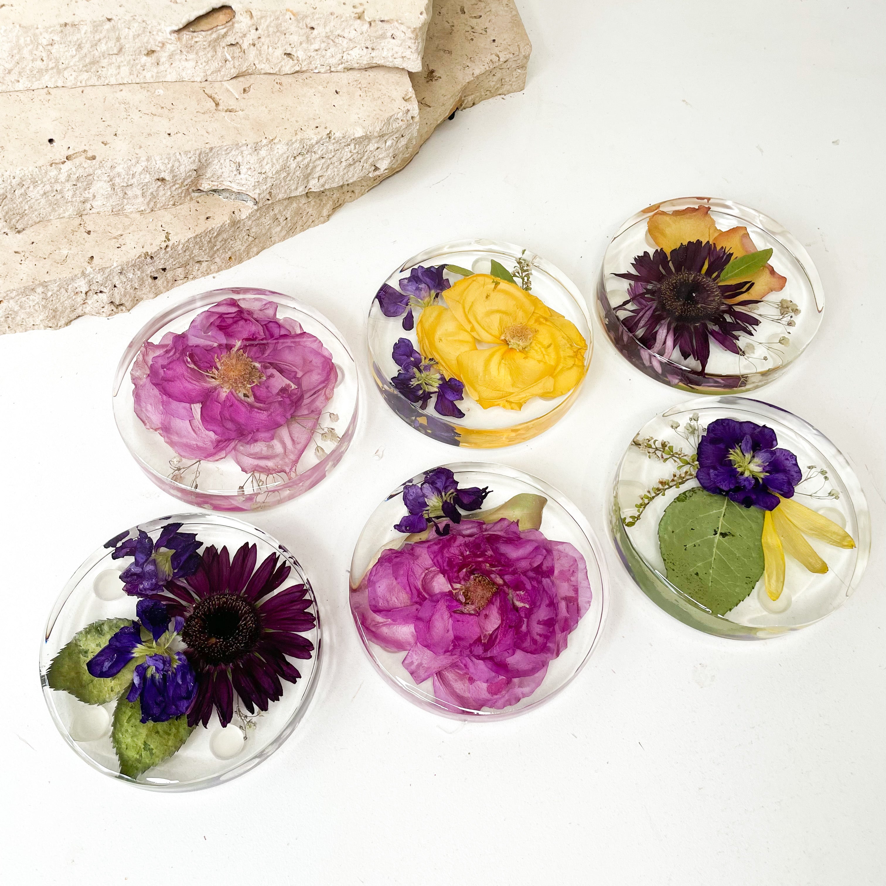 preserved-flowers-round-resin-coaster-set-6 - wedding bouquet - yellow pink purple rose