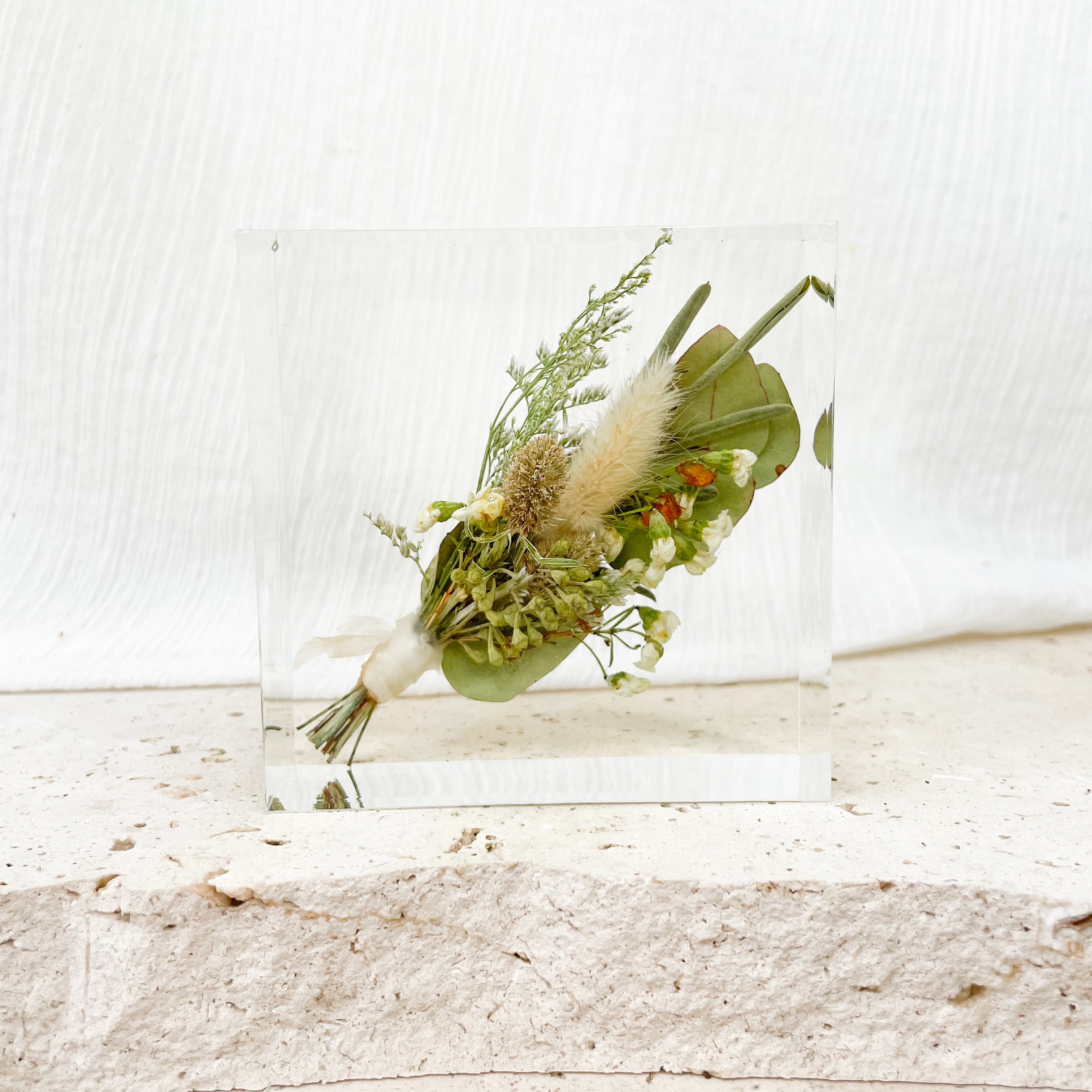 preserved-flowers-resin-petite square- wedding bouquet - resin block - wedding buttonhole keepsake