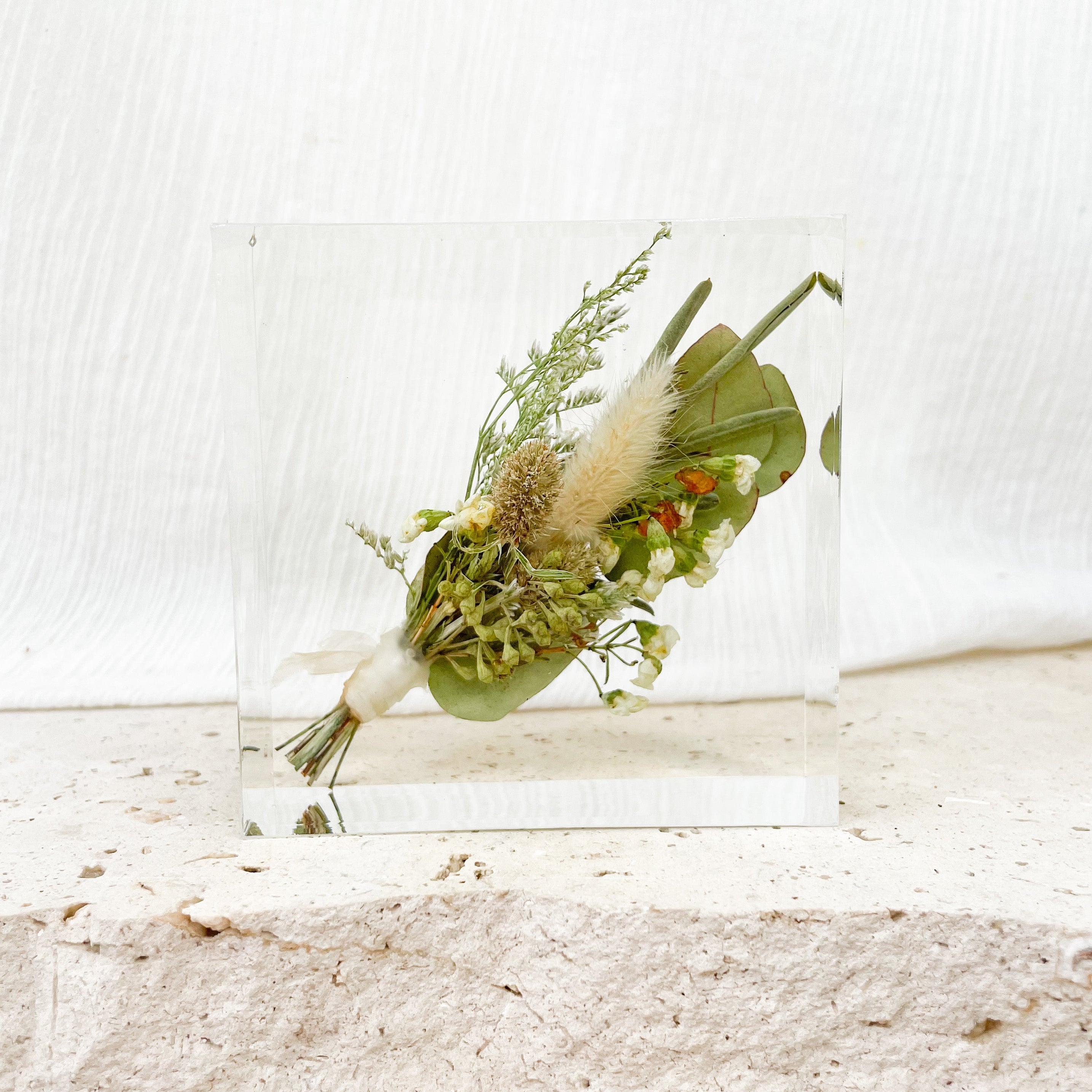 preserved-flowers-resin-petite square- wedding bouquet - resin block - wedding buttonhole keepsake