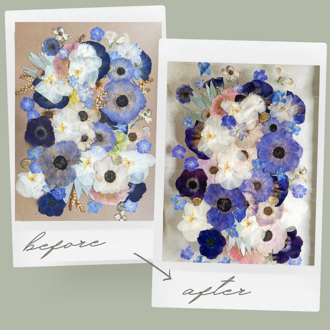 Flower Colour correcting - before and after - preserved wedding flowers - pressed flower frame transformation