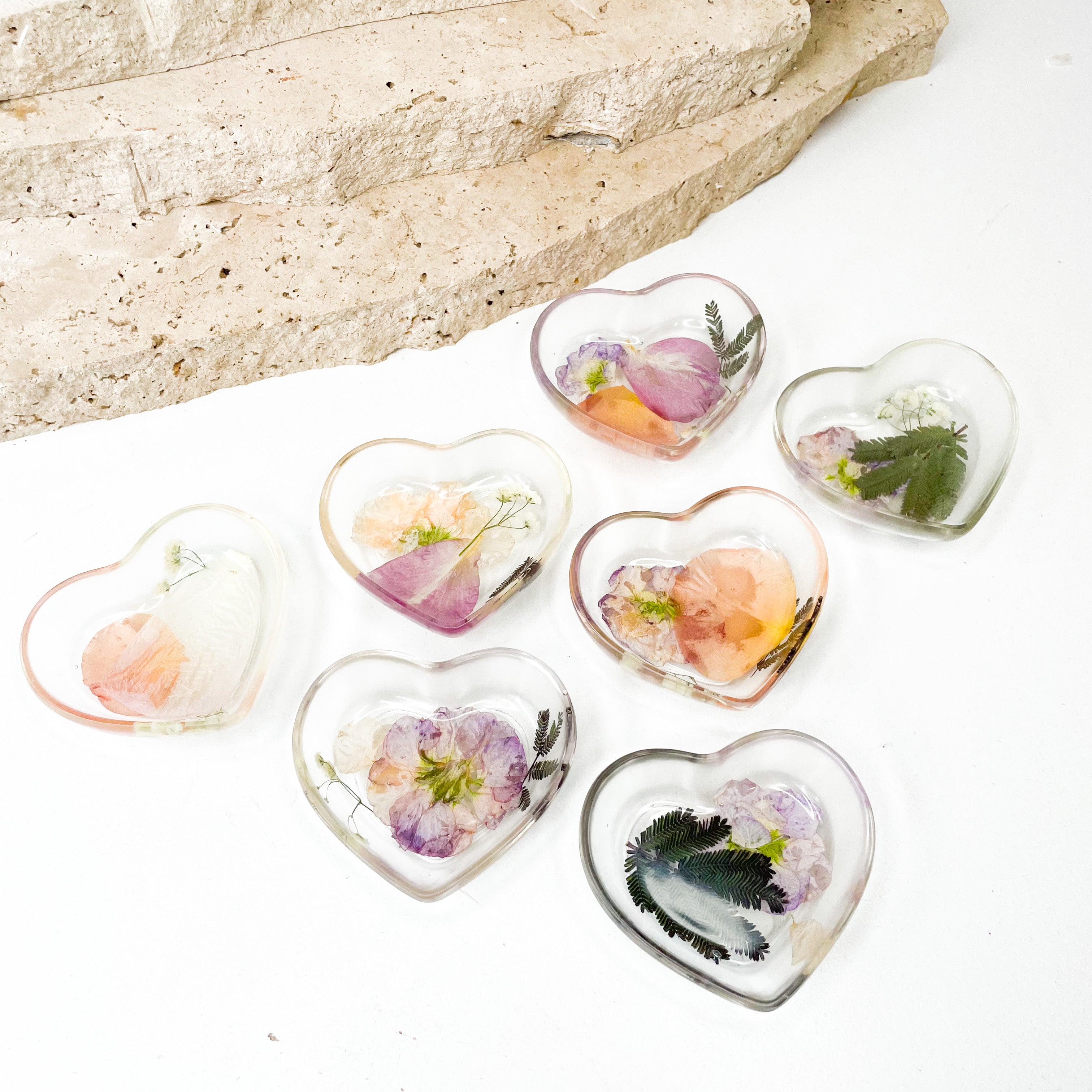 preserved-flowers-resin-heart-bowl- square ring dish - memorial flowers