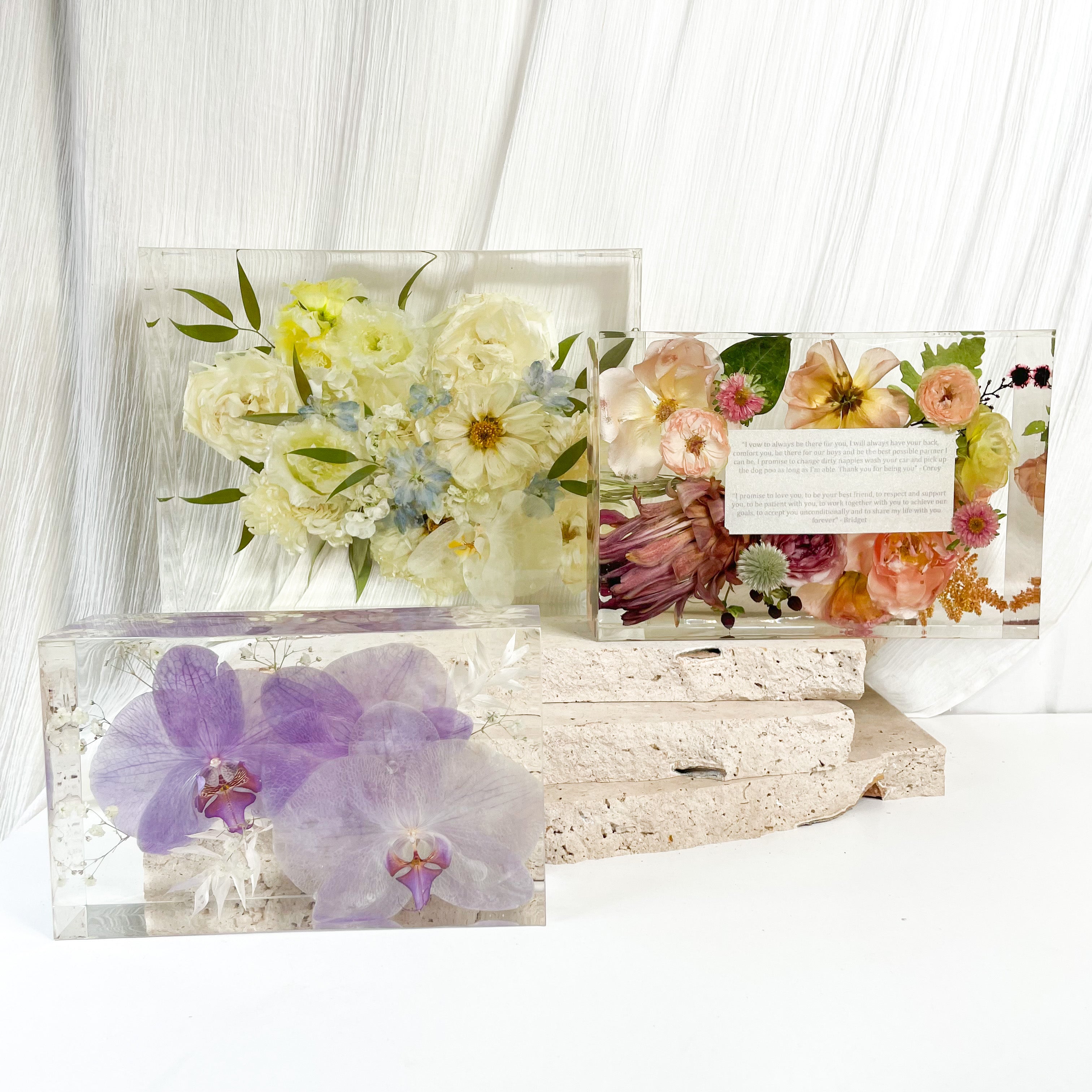 Preserved wedding bouquet rectangle resin block flower cast