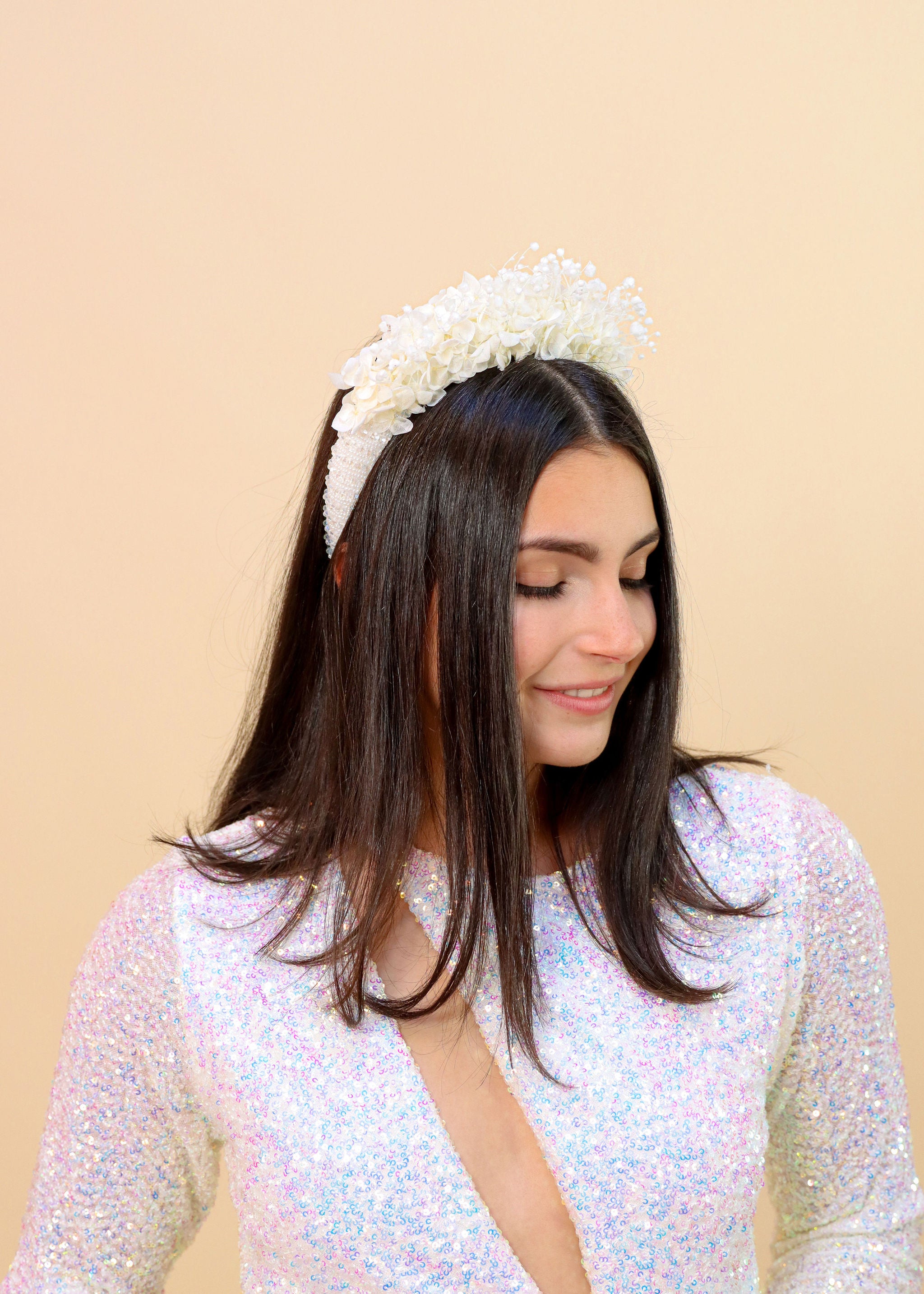 White Hydrangea Beaded Headband