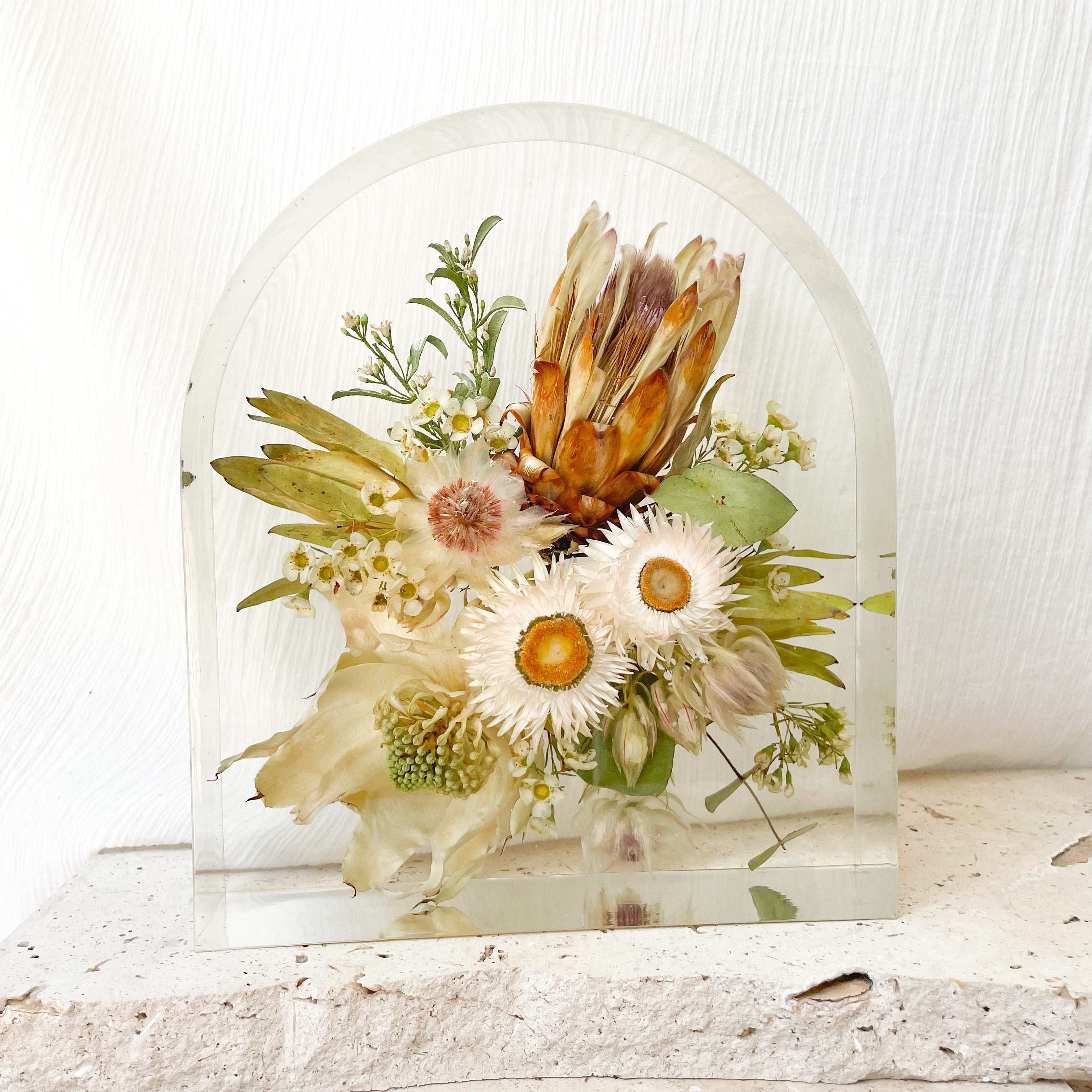 Preserved white and green native wedding bouquet in extra large resin block