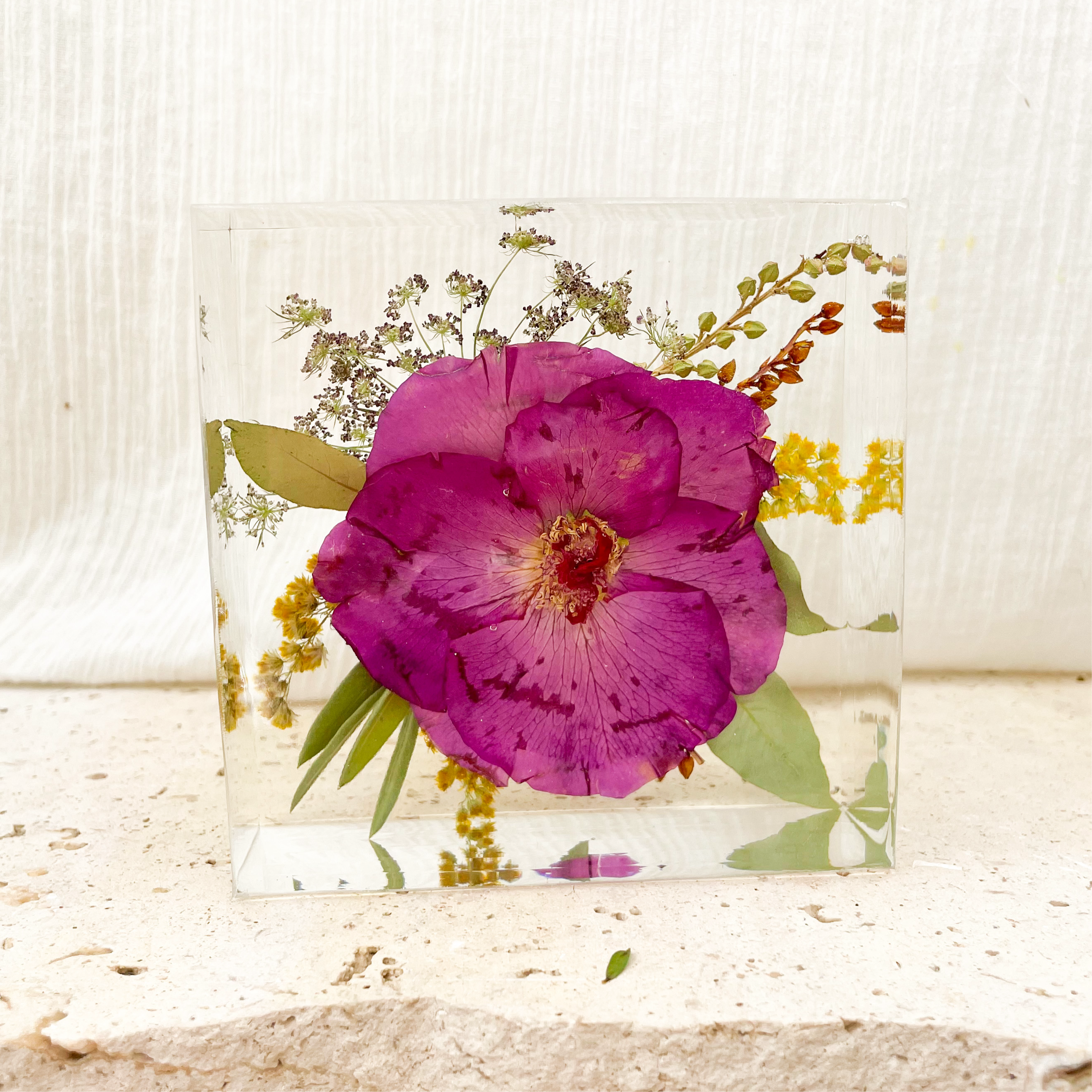 preserved-flowers-resin-petite square- wedding bouquet - resin block - purple rose
