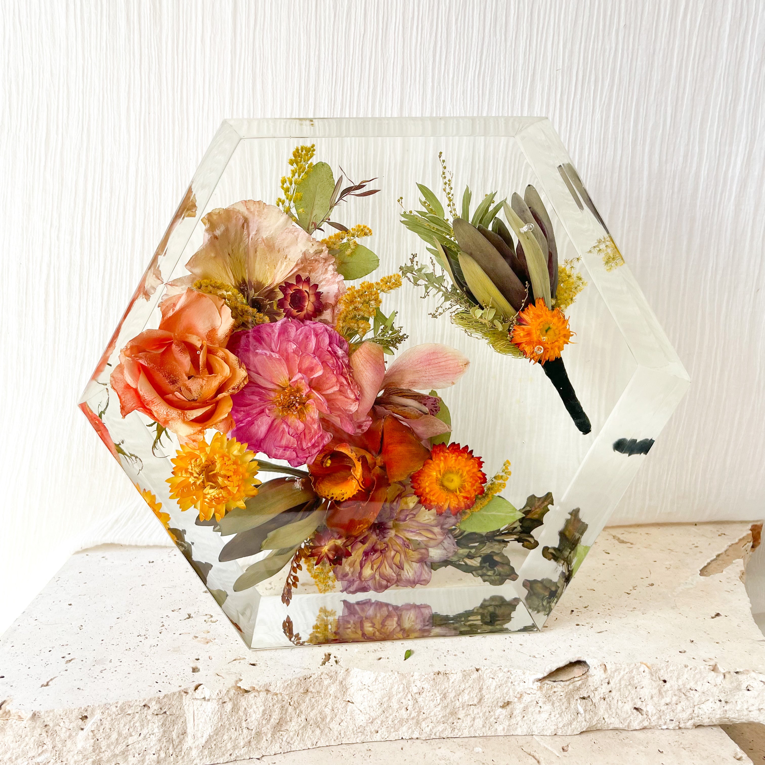 preserved-flowers-x-large-resin-hexagon block - bright wedding bouquet native orange purple dahlia with buttonhole
