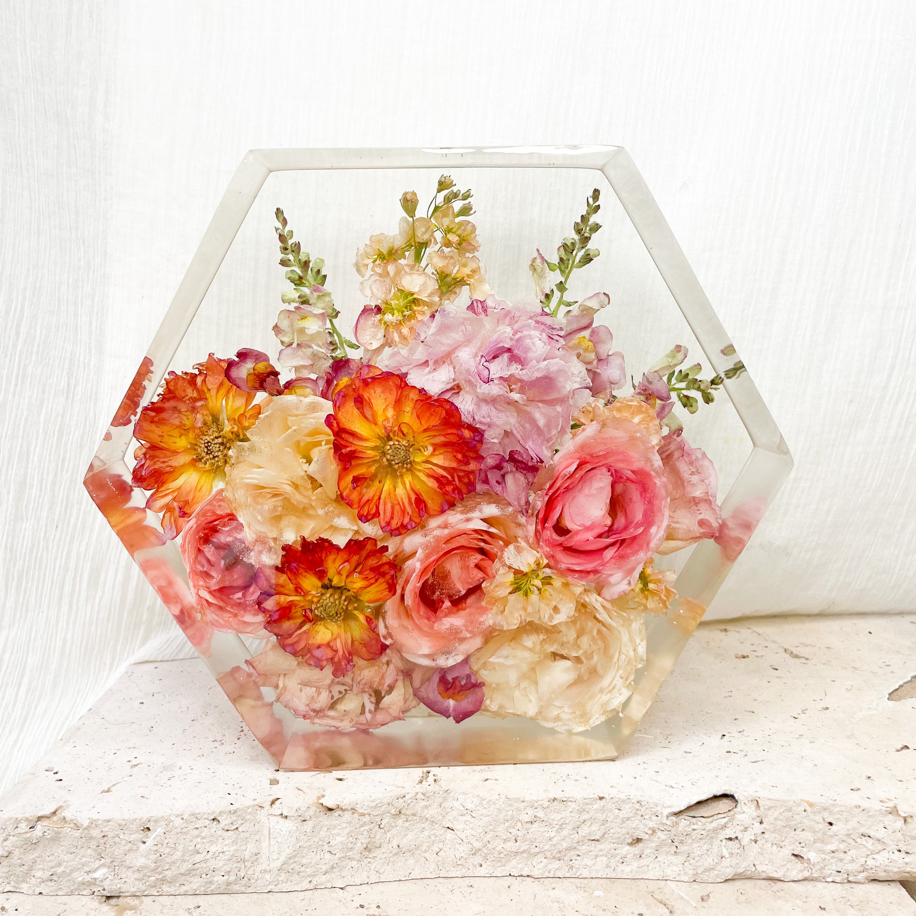 preserved-flowers-x-large-resin-hexagon block - wedding bouquet - orange pink dahlias