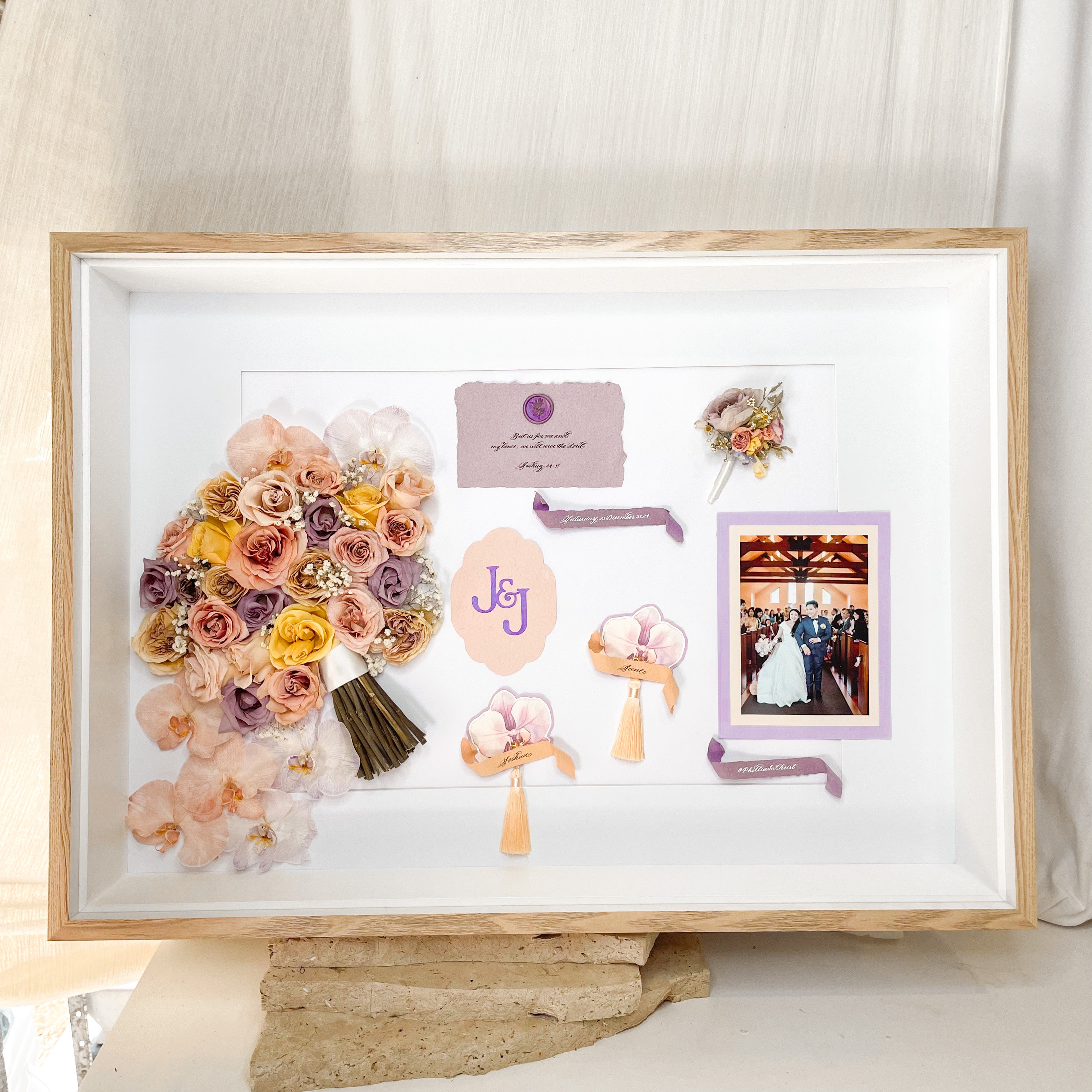 custom-flower-framing-3d-shadow-box
Preserved rose wedding bouquet set in A1 frame with invitation suite - wedding photo - place cards - buttonhole