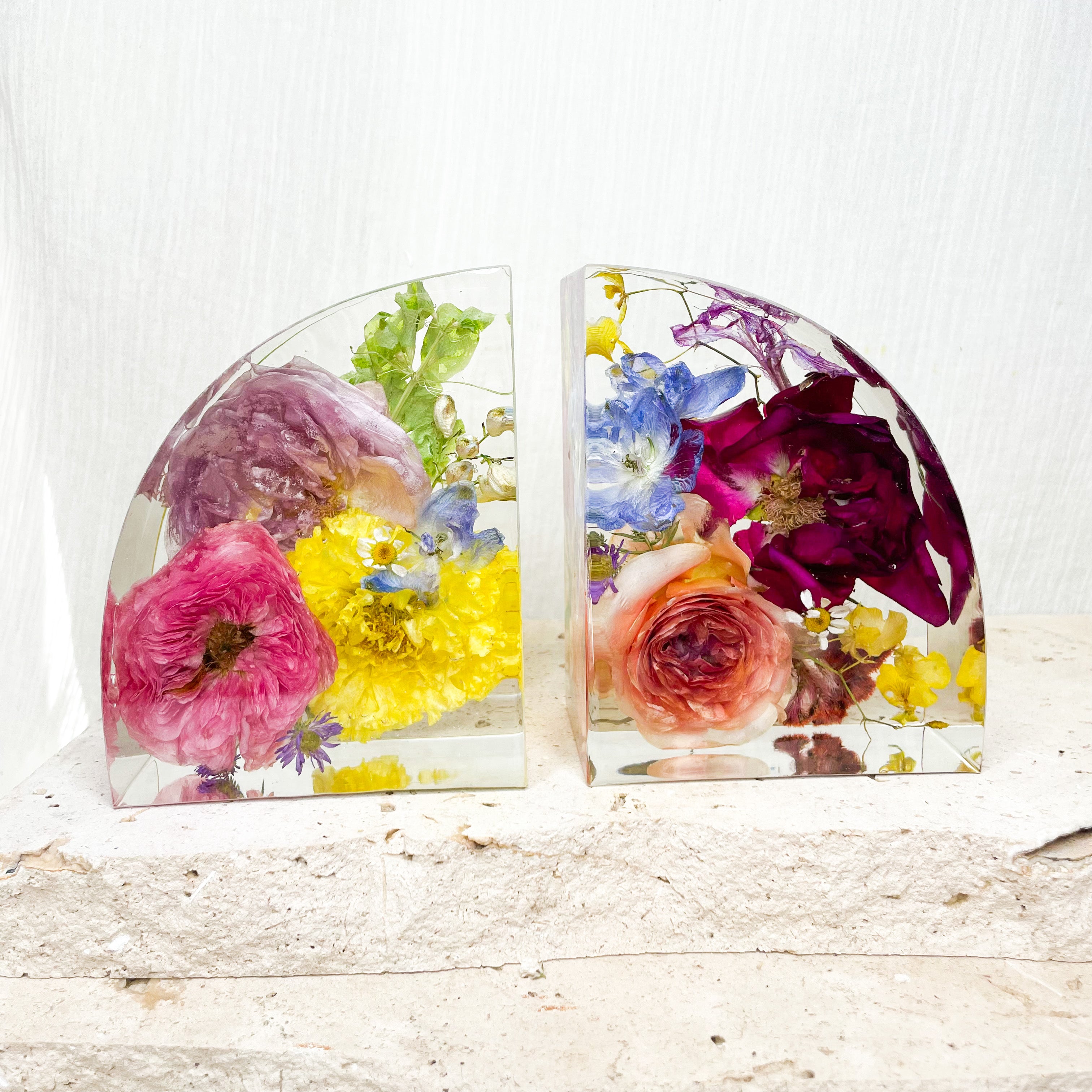 Preserved wedding bouquet resin-bookend-set - bright flowers