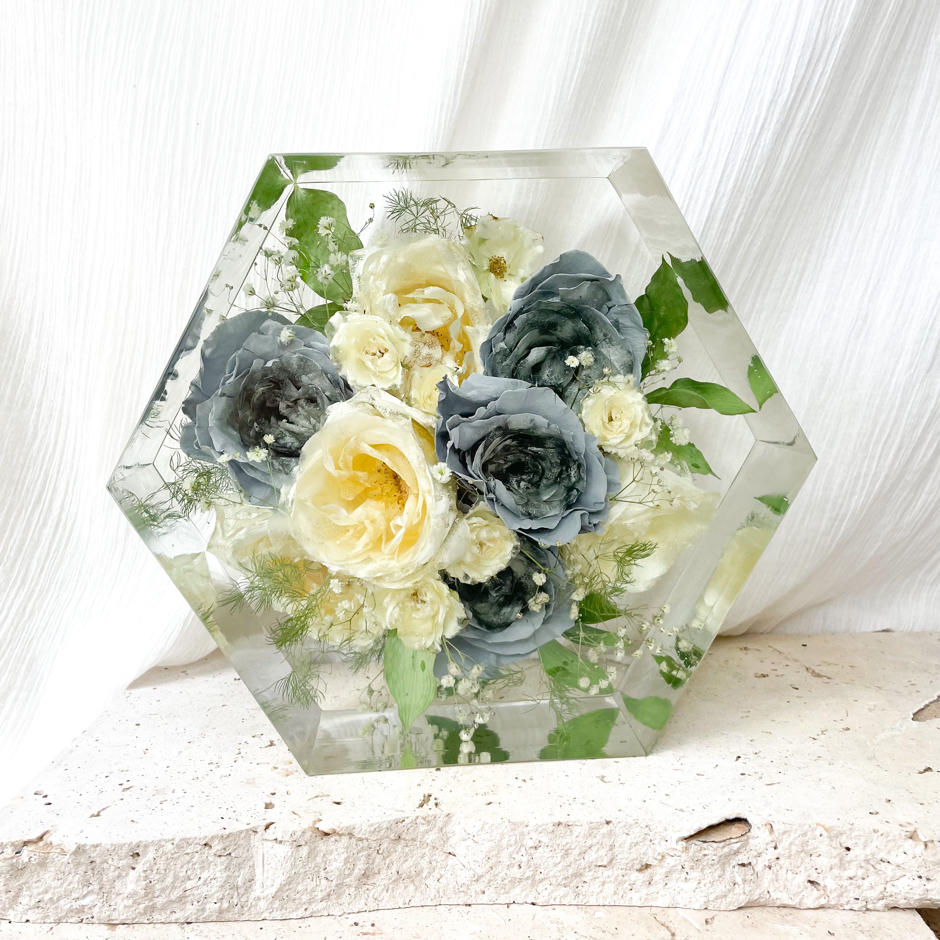 preserved-flowers-x-large-resin-hexagon block - wedding bouquet white green blue rose