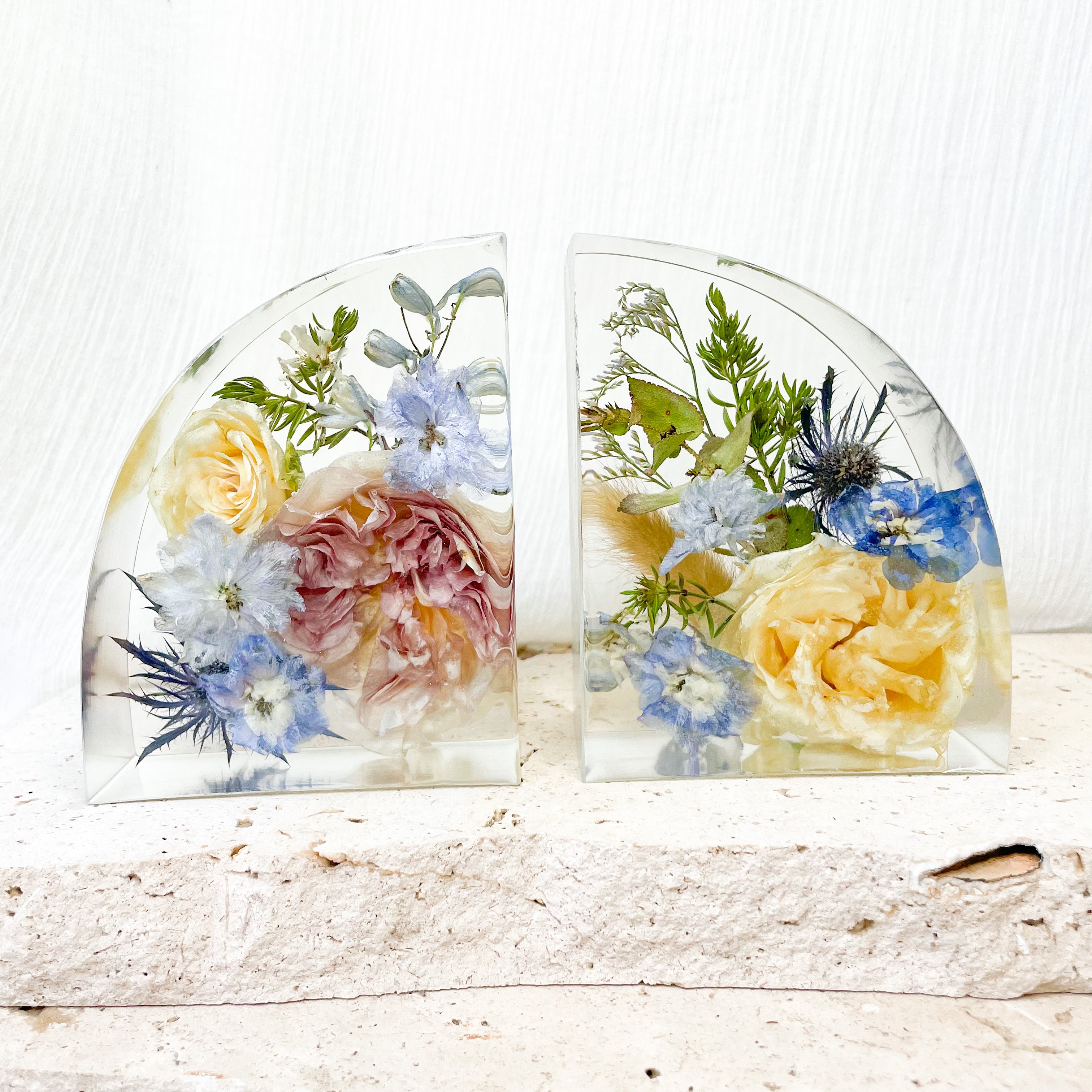 Preserved wedding bouquet resin-bookend-set - flowers white purple rose blue