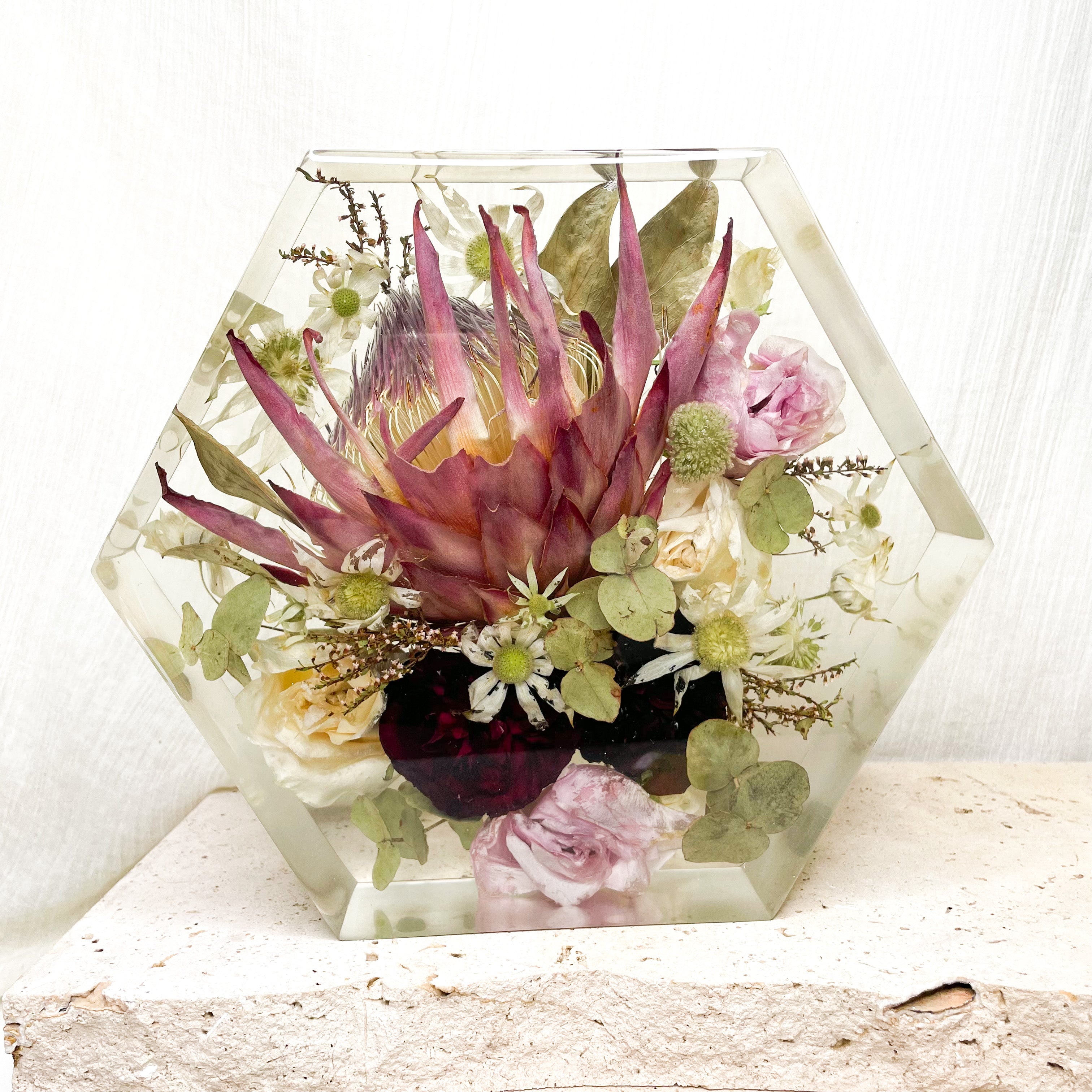 preserved-flowers-x-large-resin-hexagon block - natives and rose wedding bouquet king protea