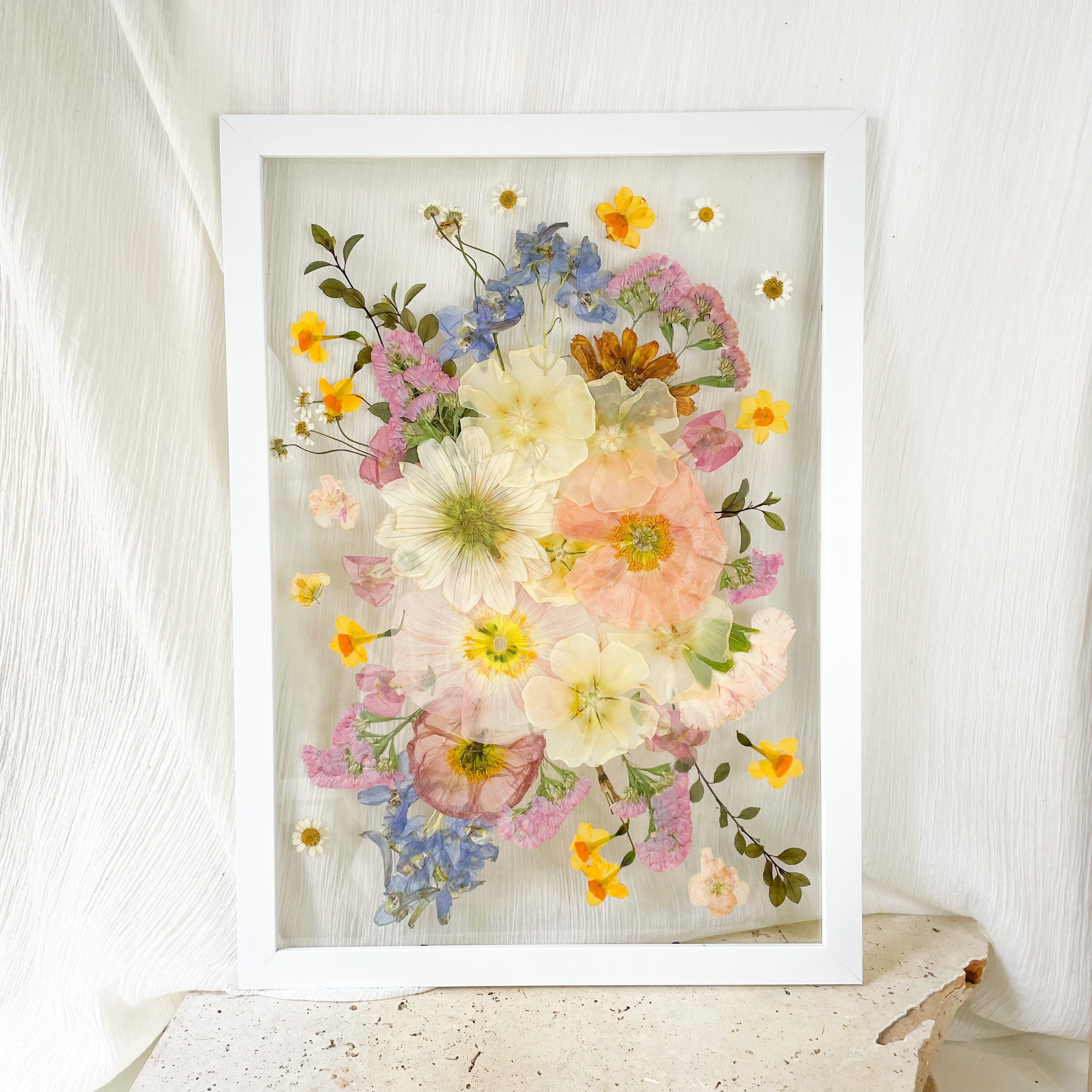 Preserved pressed wedding bouquet in floating frame mount - daffodil - poppies - dahlias