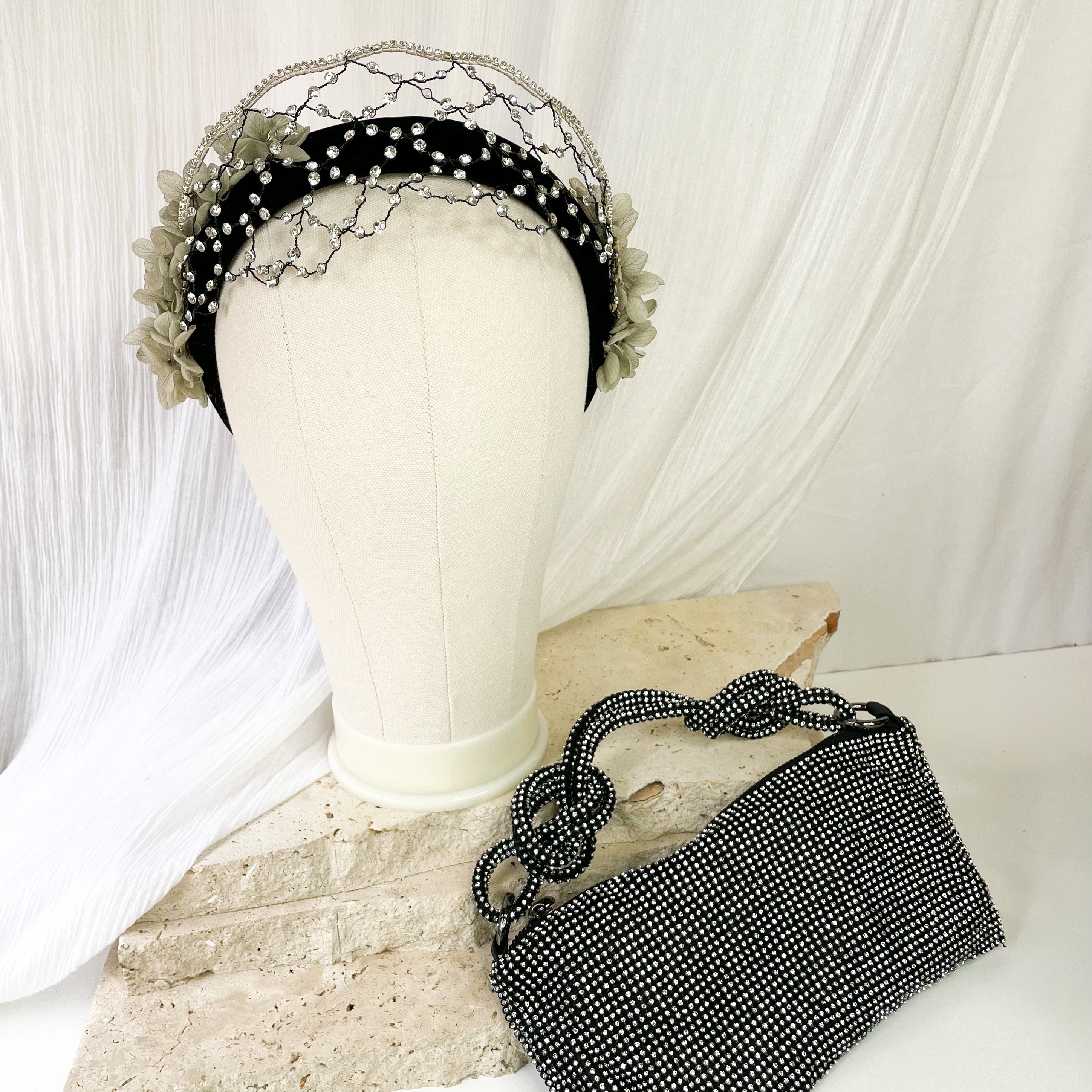 Black & Silver Rhinestone Floral Headband & Clutch Set