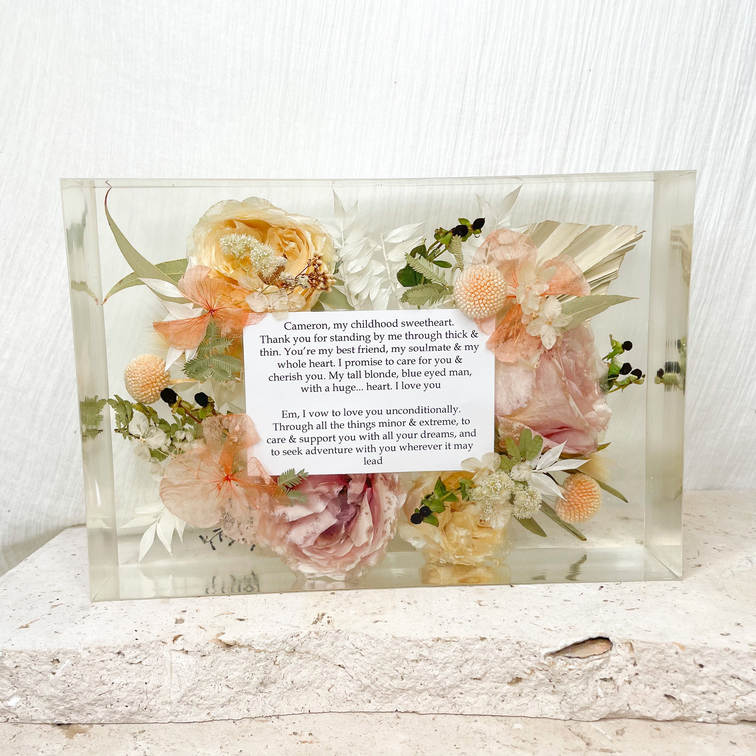 Preserved wedding bouquet rectangle resin block flower cast - neutral dried flowers - peach white pink - vows flower preserved