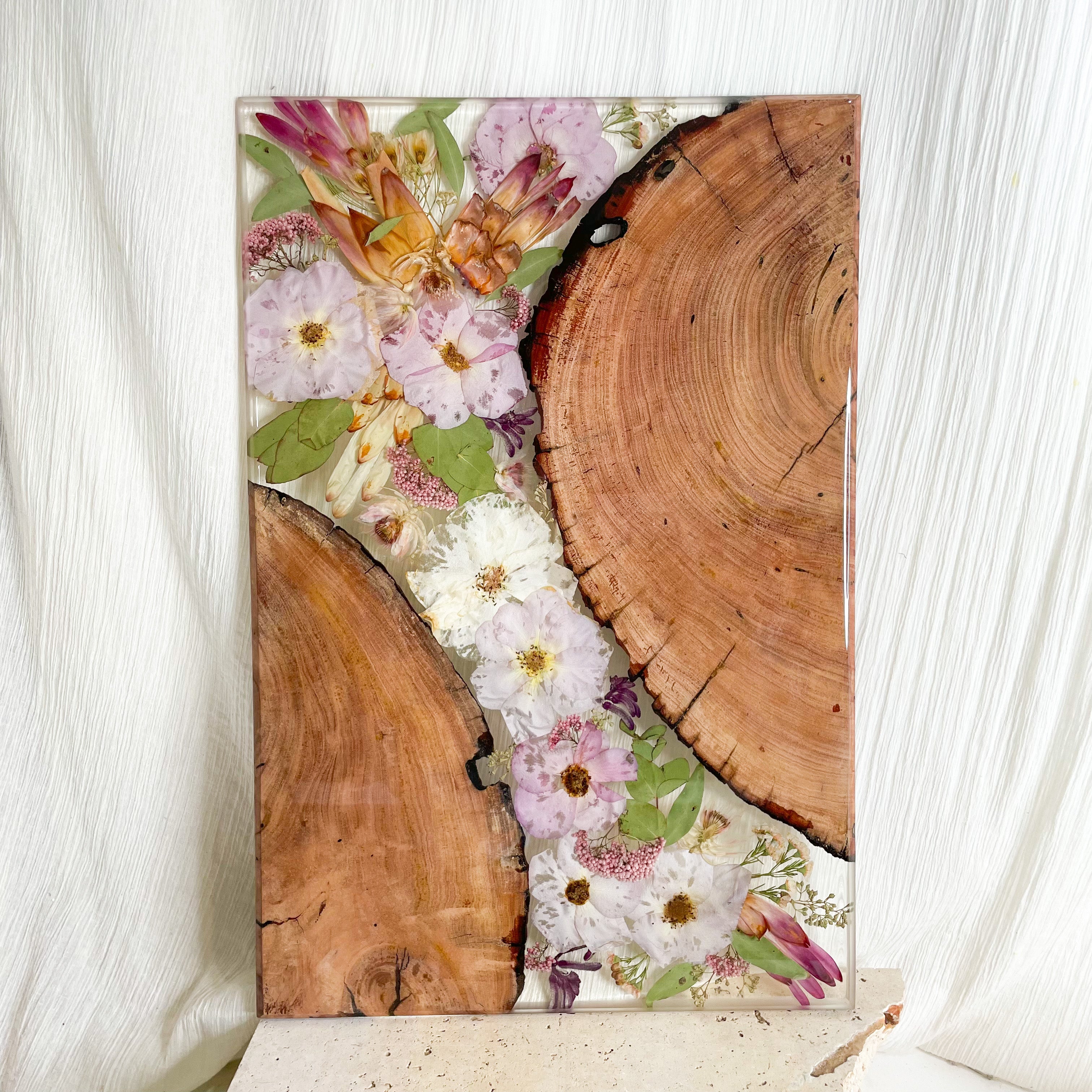 Preserved wedding bouquet - resin charcuterie board - wood resin flower serving tray - pressed flowers red gum wood rounds