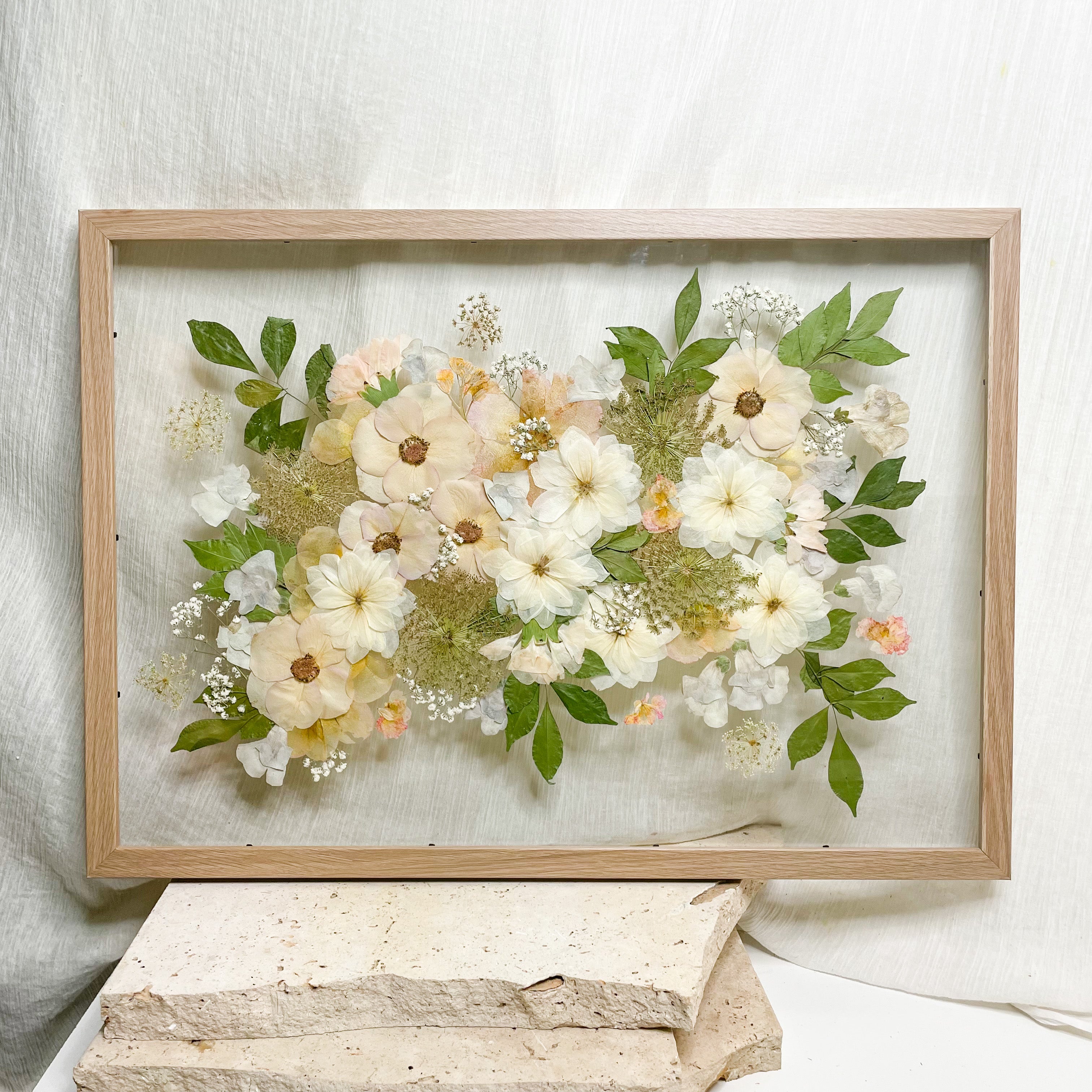 Preserved pressed wedding bouquet - white and green flowers - floating frame mount