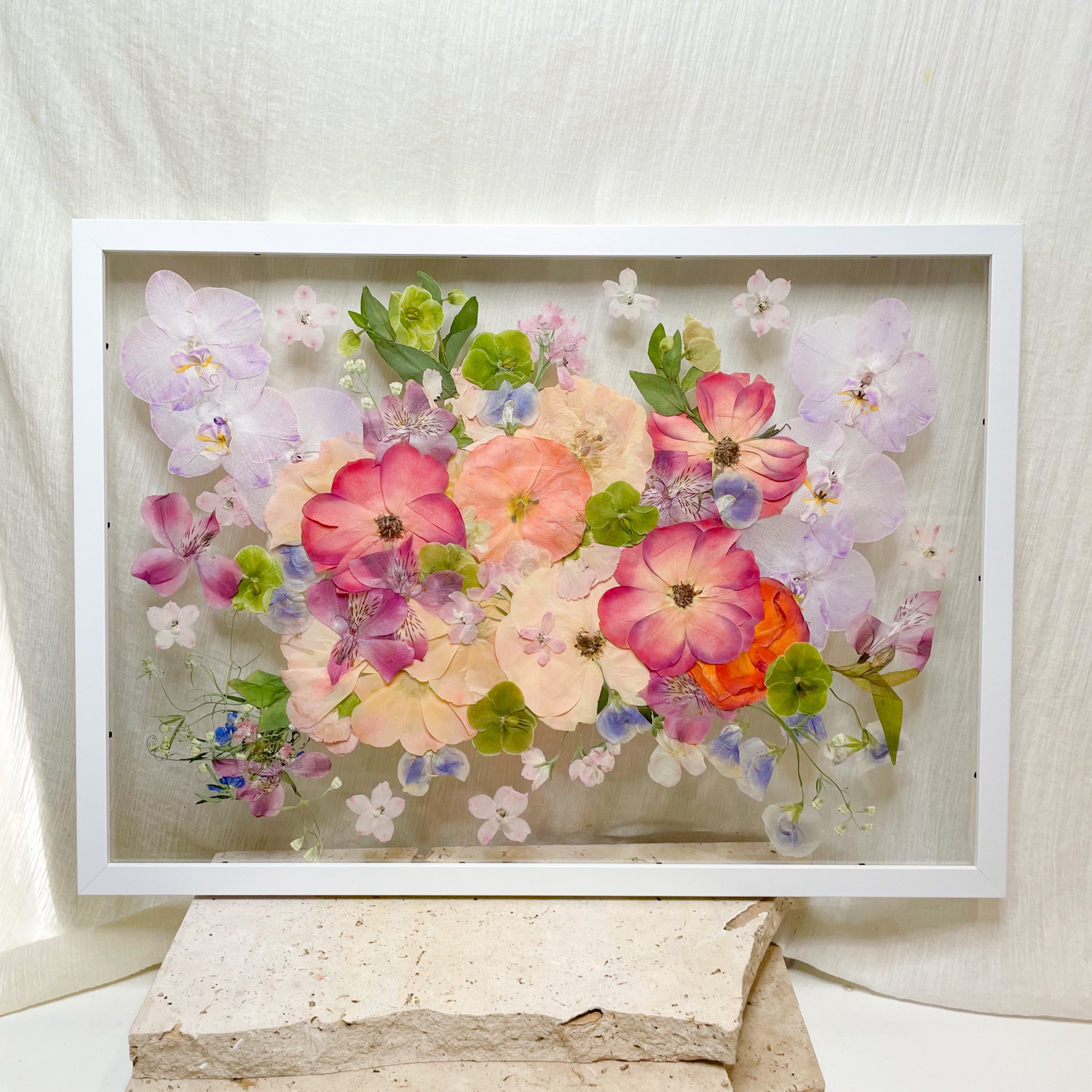 Preserved pressed wedding bouquet - bright orchids and rose wedding flowers - spring flowers set in a floating frame mount