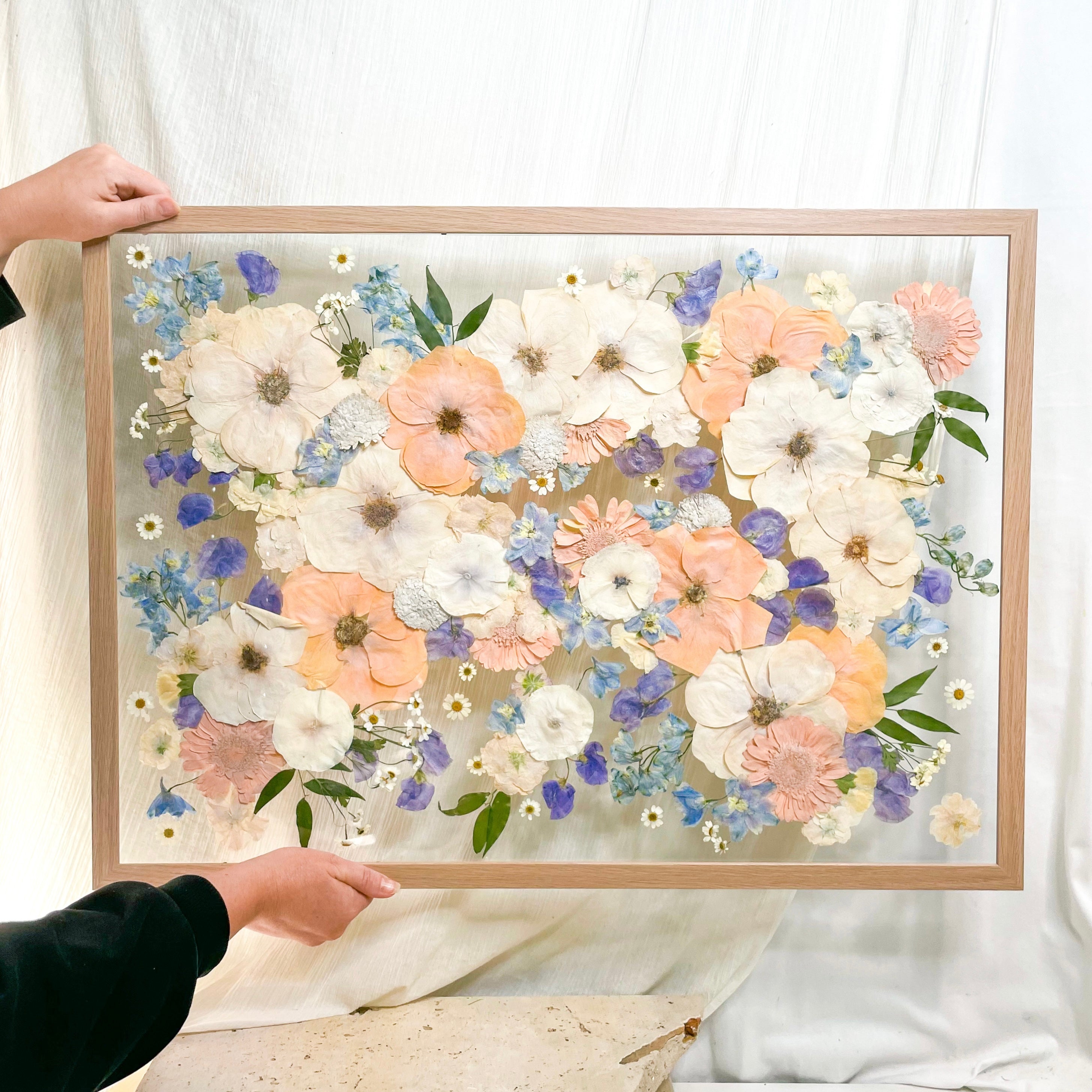 Preserved pressed wedding bouquet - peach, lilac and white rose flowers set inside a floating frame mount
