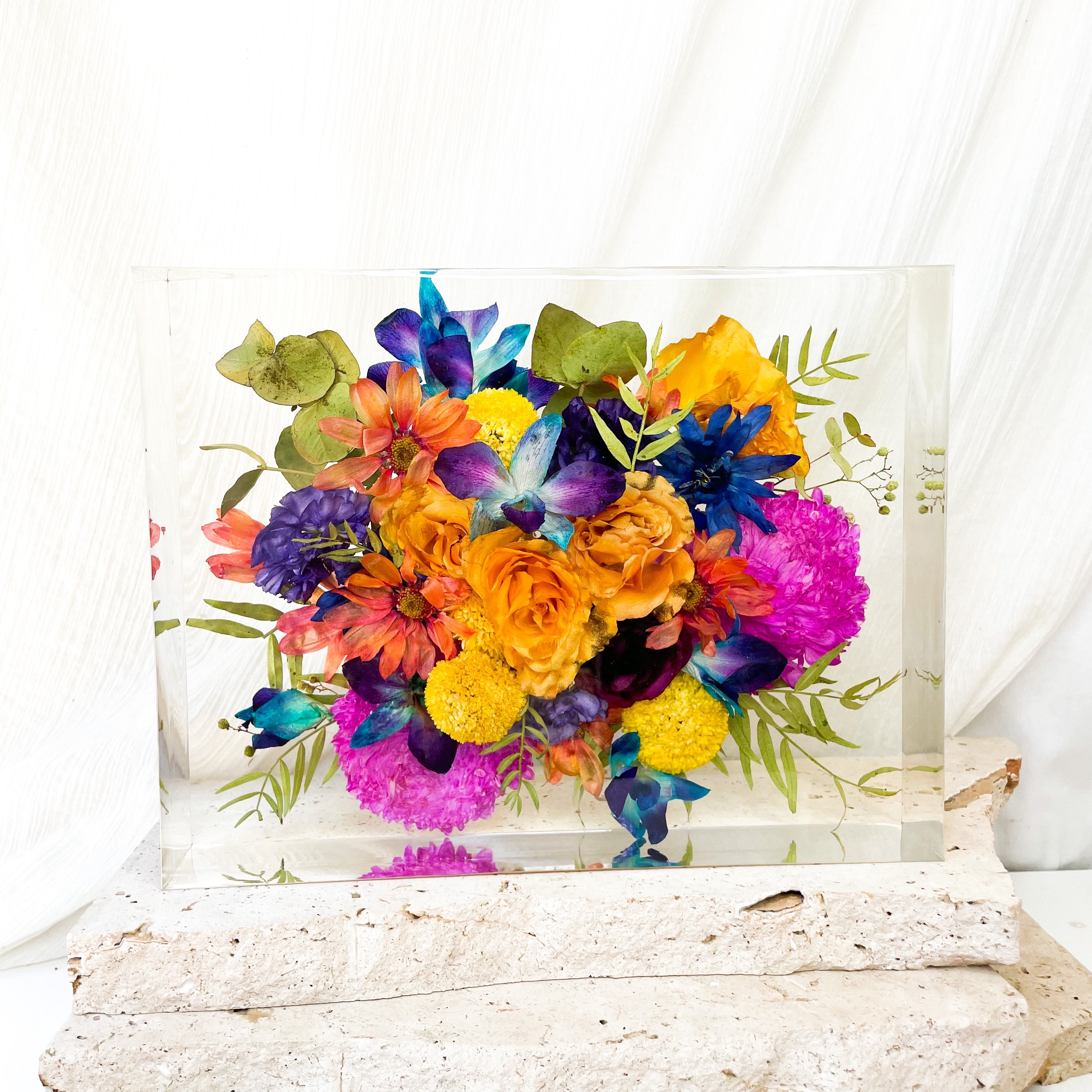 Preserved wedding bouquet rectangle resin block flower cast - bright vibrant bouquet orchids pink orange blue
