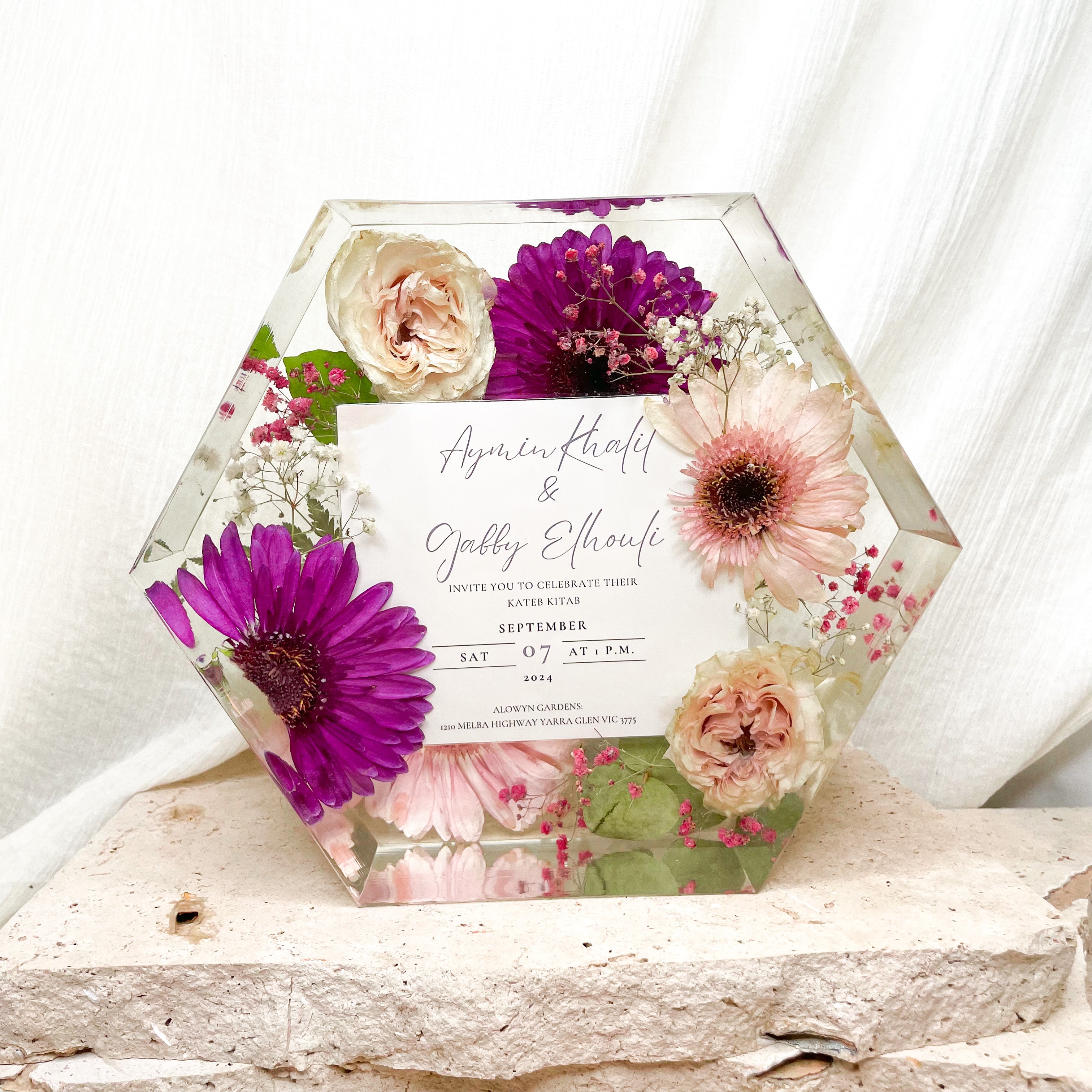 preserved-flowers-x-large-resin-hexagon block - wedding bouquet with invitation set - pink purple Gerbera