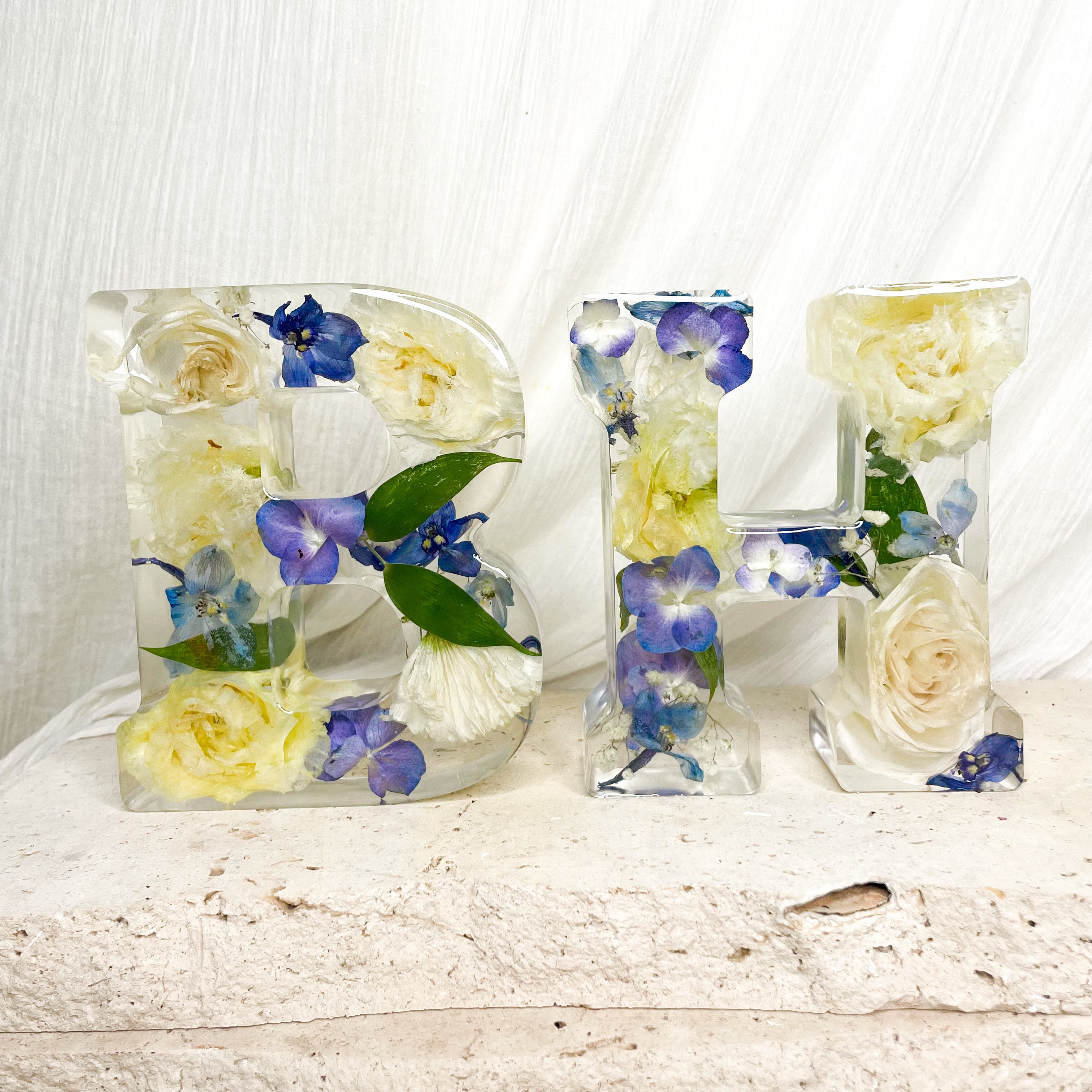 preserved-flowers-individual-resin letter blocks - wedding bouquet