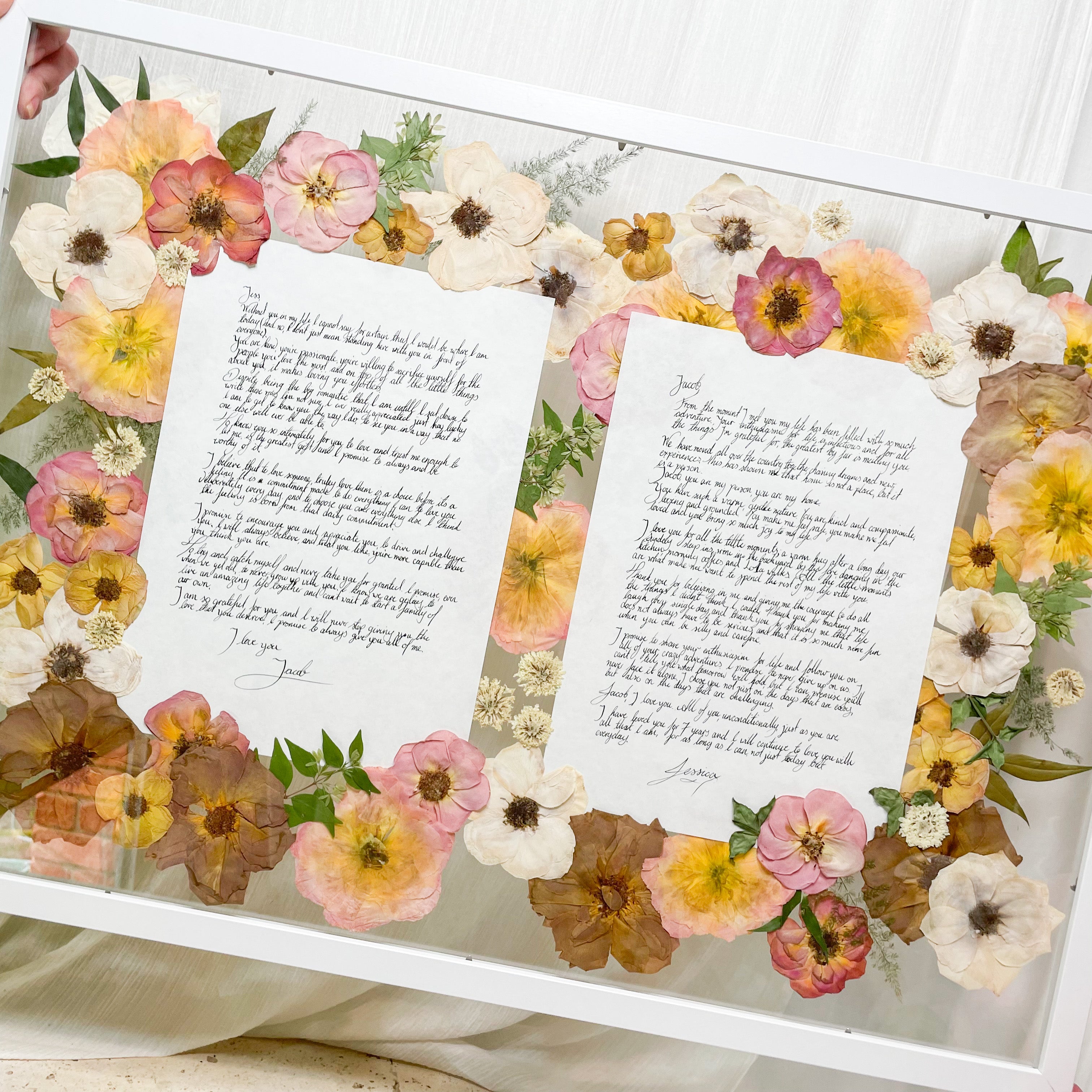 custom-pressed-flower-framing-floating-mount - preserved wedding bouquet with handwritten vows