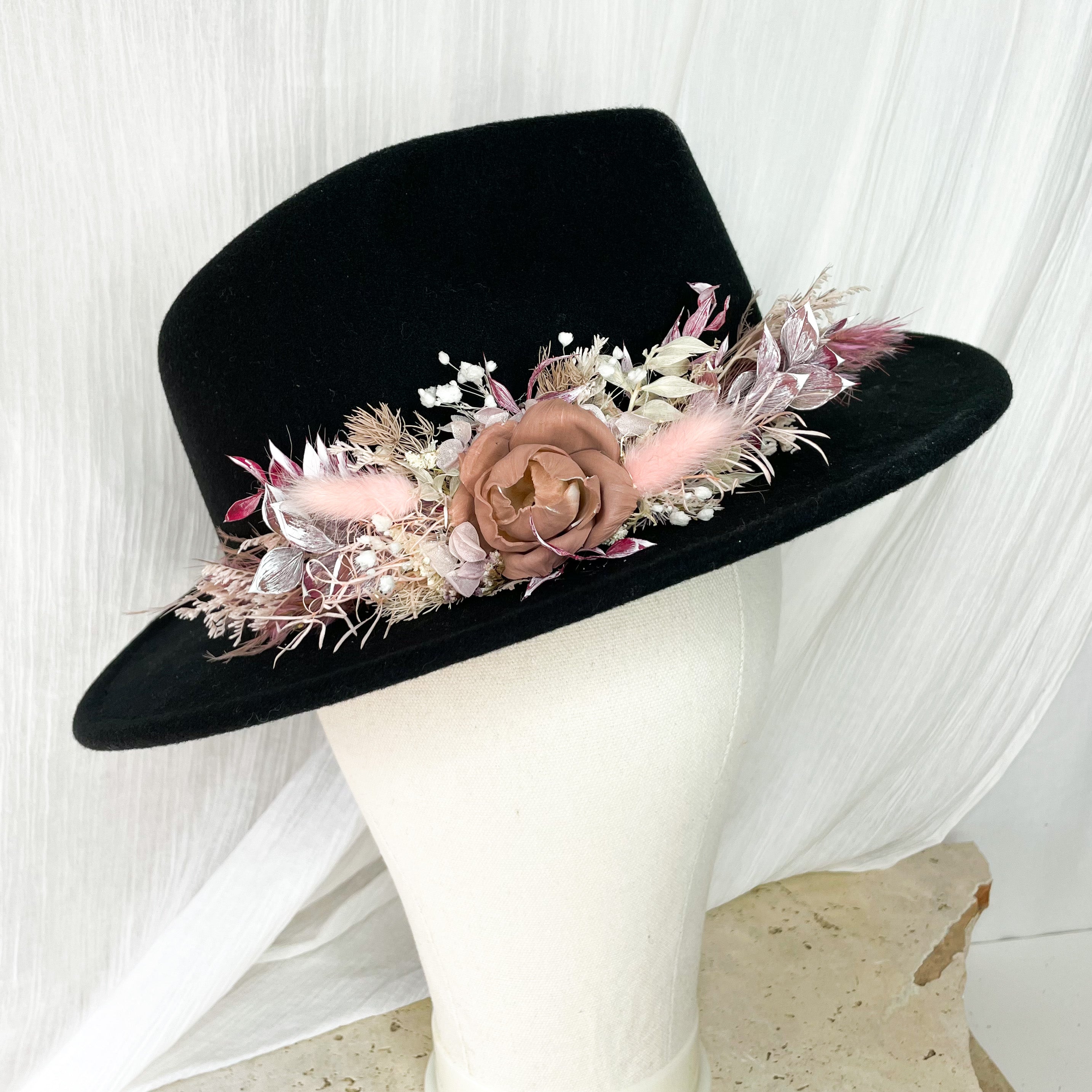 Black Dried Floral Hat - Medium