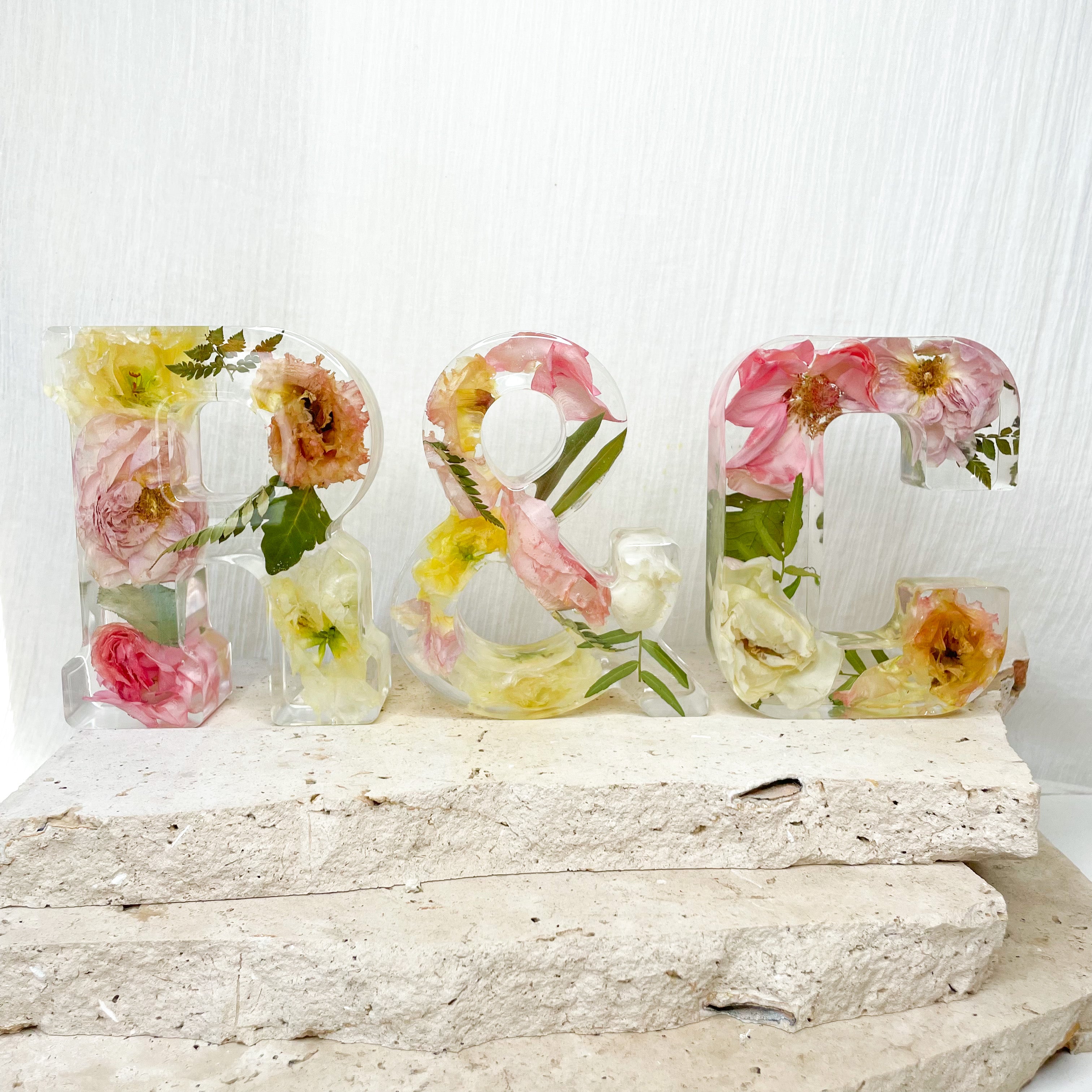 preserved-flowers-individual-resin letter blocks - wedding bouquet