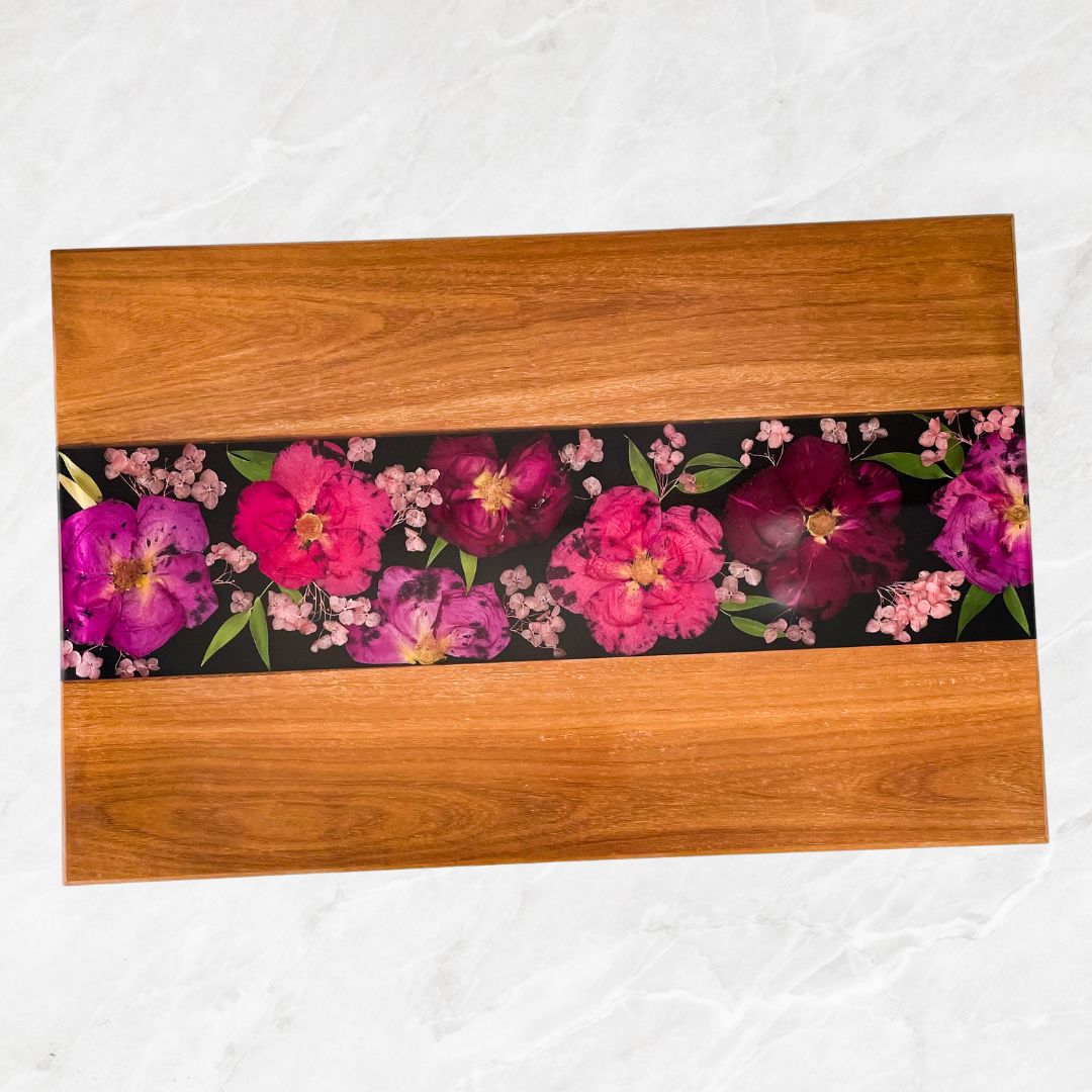 Preserved wedding bouquet - resin charcuterie board - wood resin flower serving tray - pressed flowers - straight cut dark wood black resin background - red pink purple rose