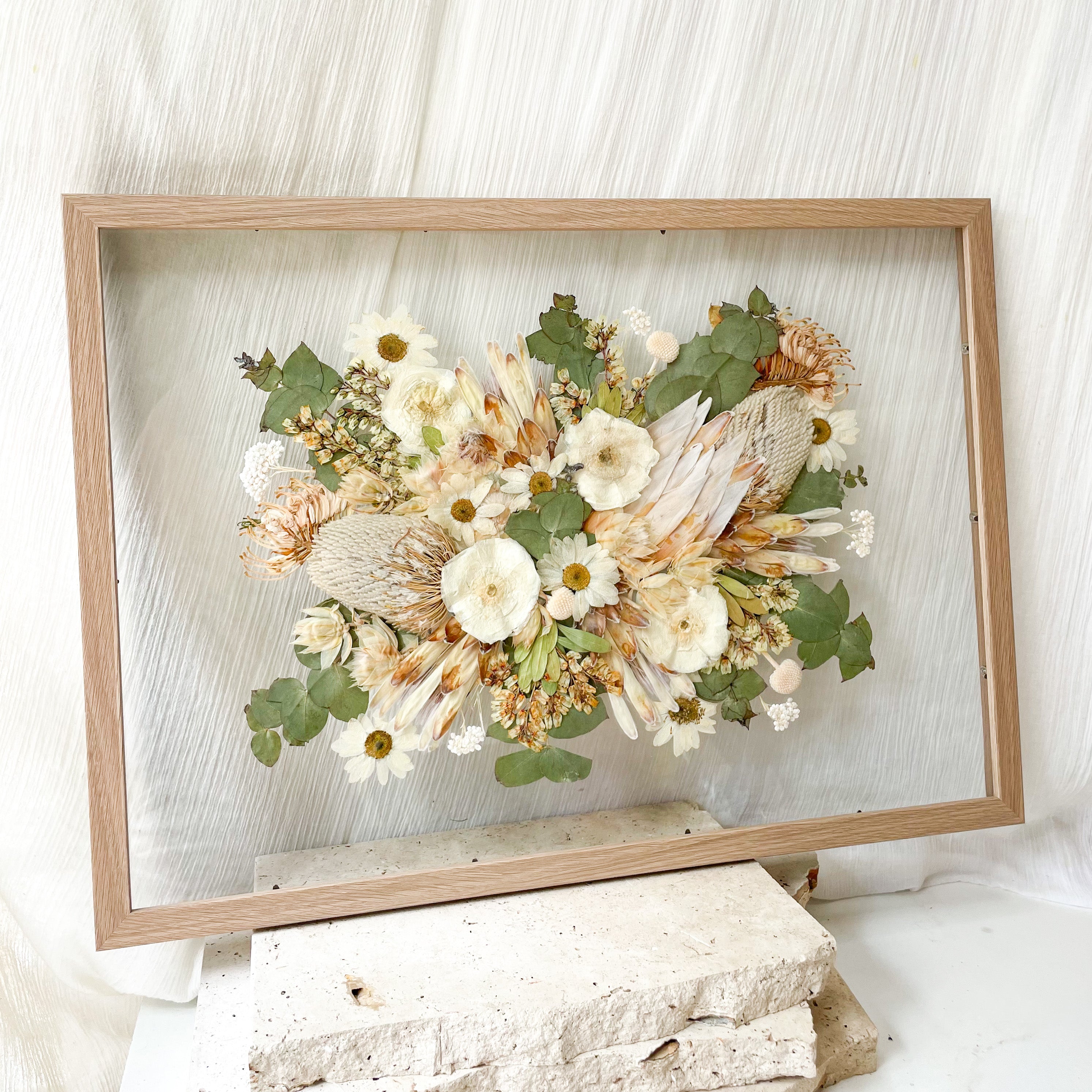 Preserved pressed wedding bouquet - native flowers - white and green set in a floating frame mount