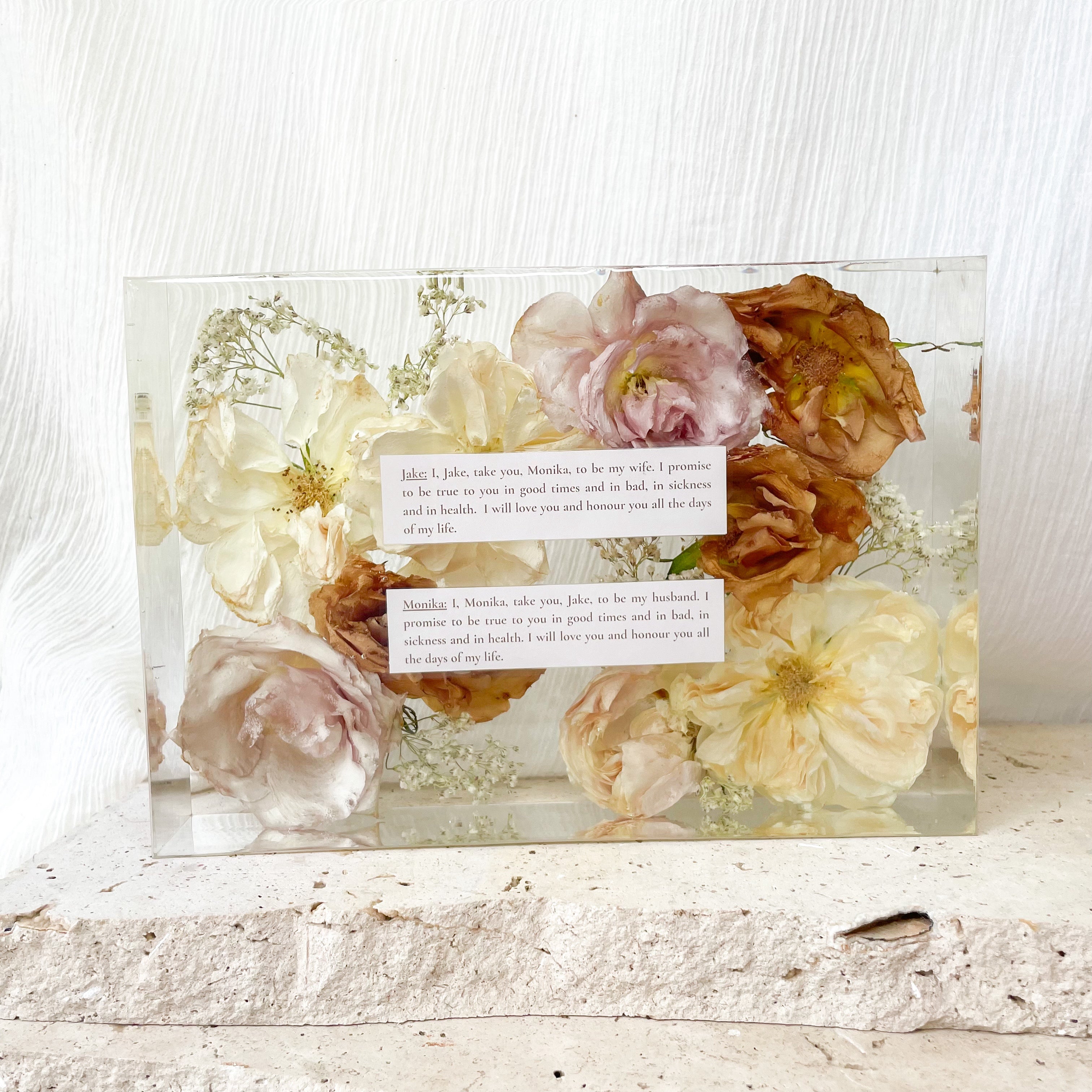Preserved wedding bouquet rectangle resin block flower cast - flower and vow set - cream and pink roses