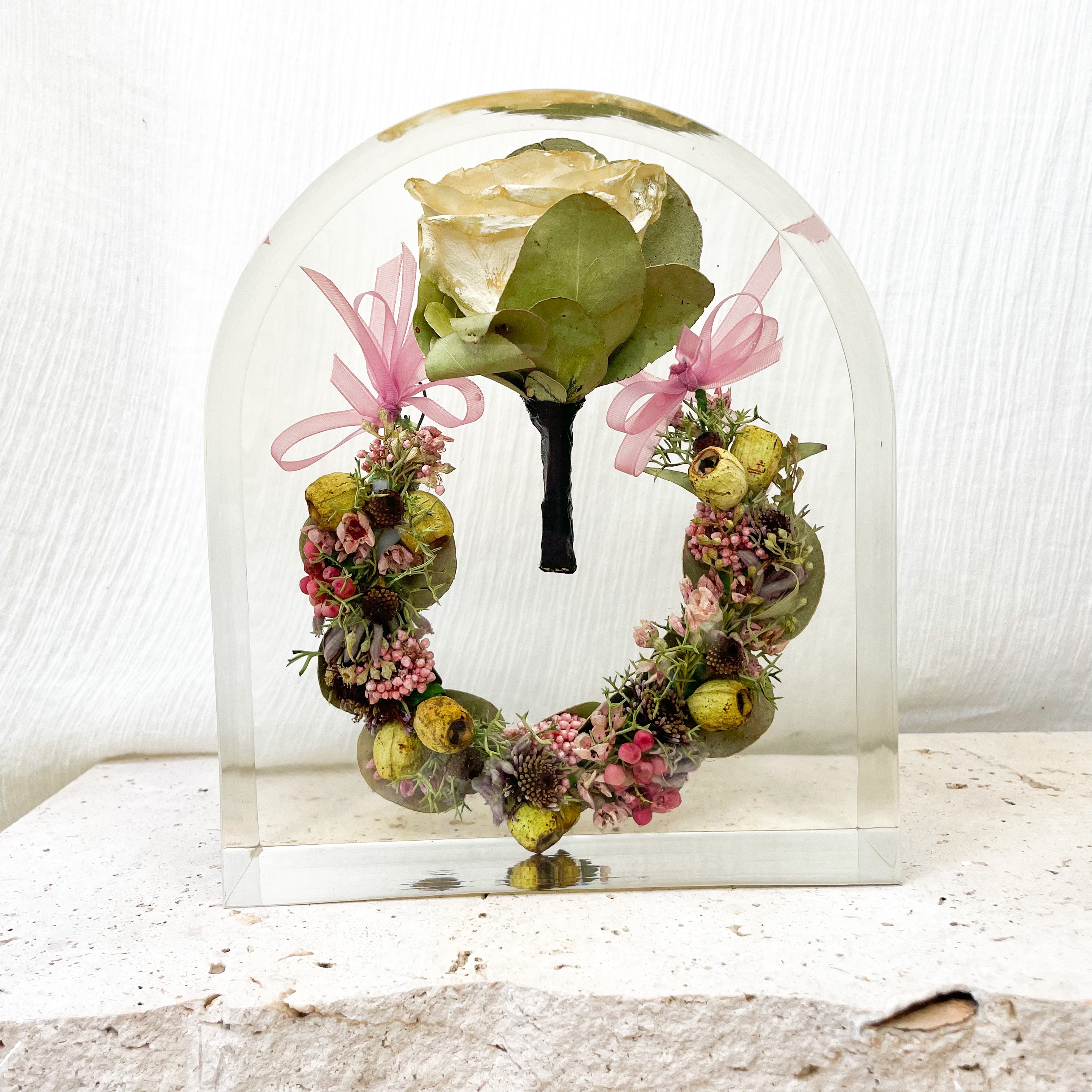 Preserved wedding flowers - buttonhole - floral horse shoe set in large resin arch