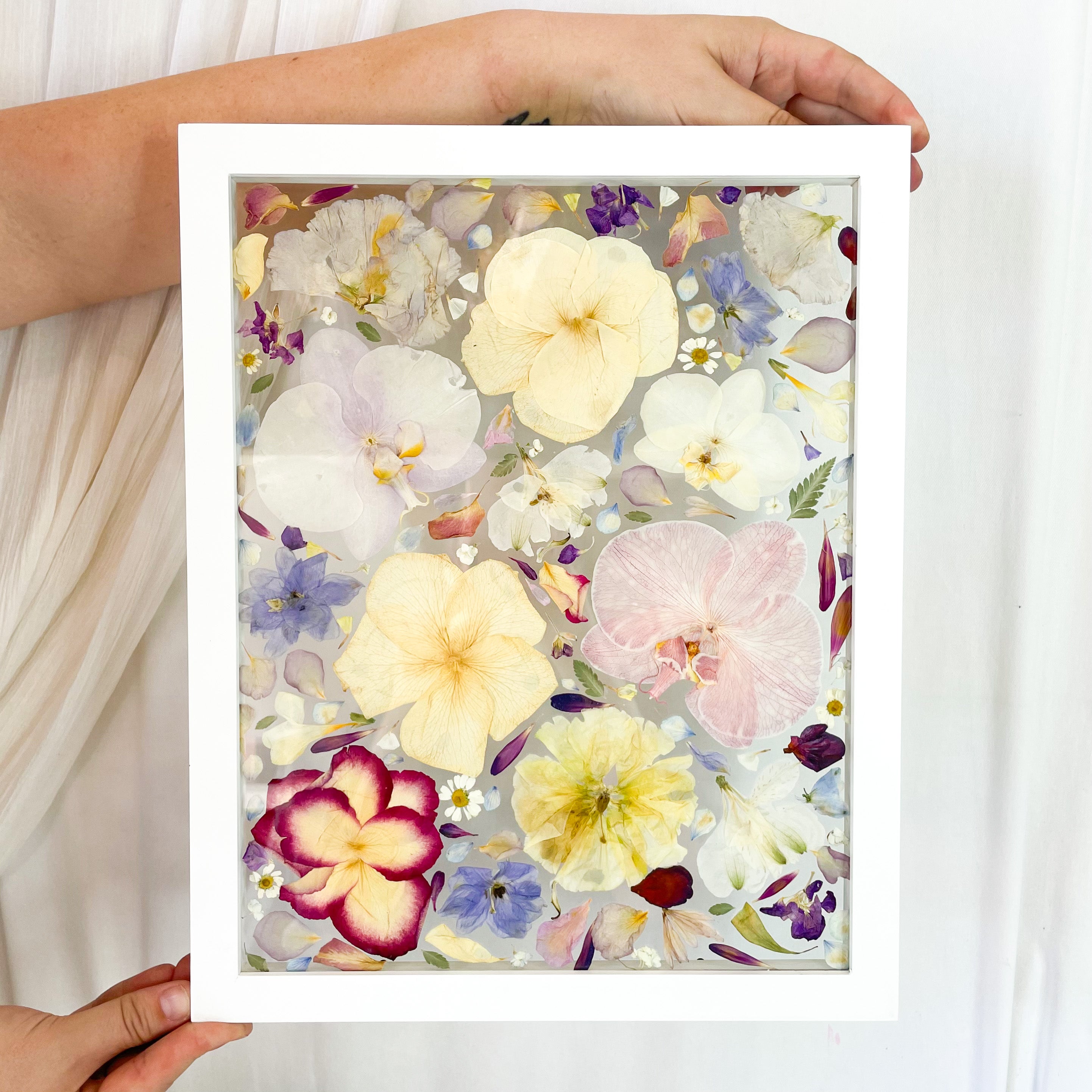 custom-pressed-flower-framing-floating-mount - petal frame - preserved wedding bouquet